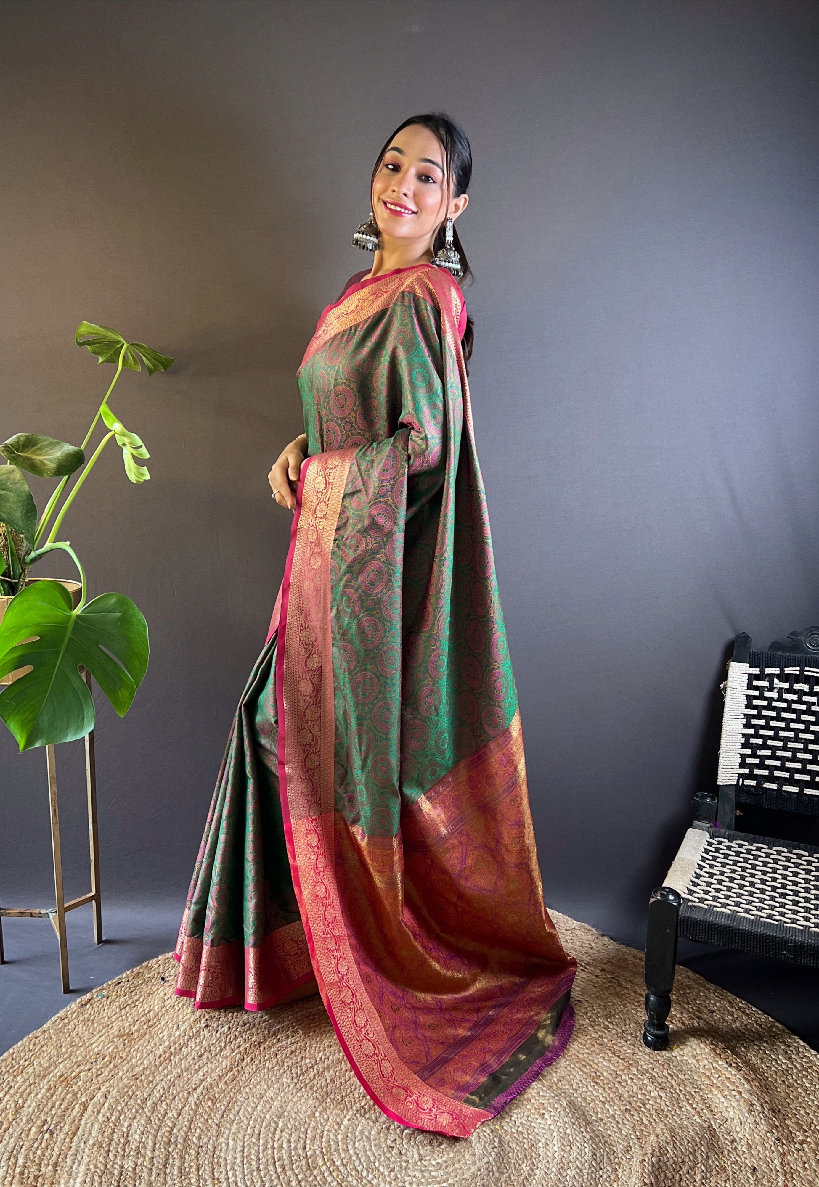 Emerald Glow Silk Sarees with kashmiri weaves
