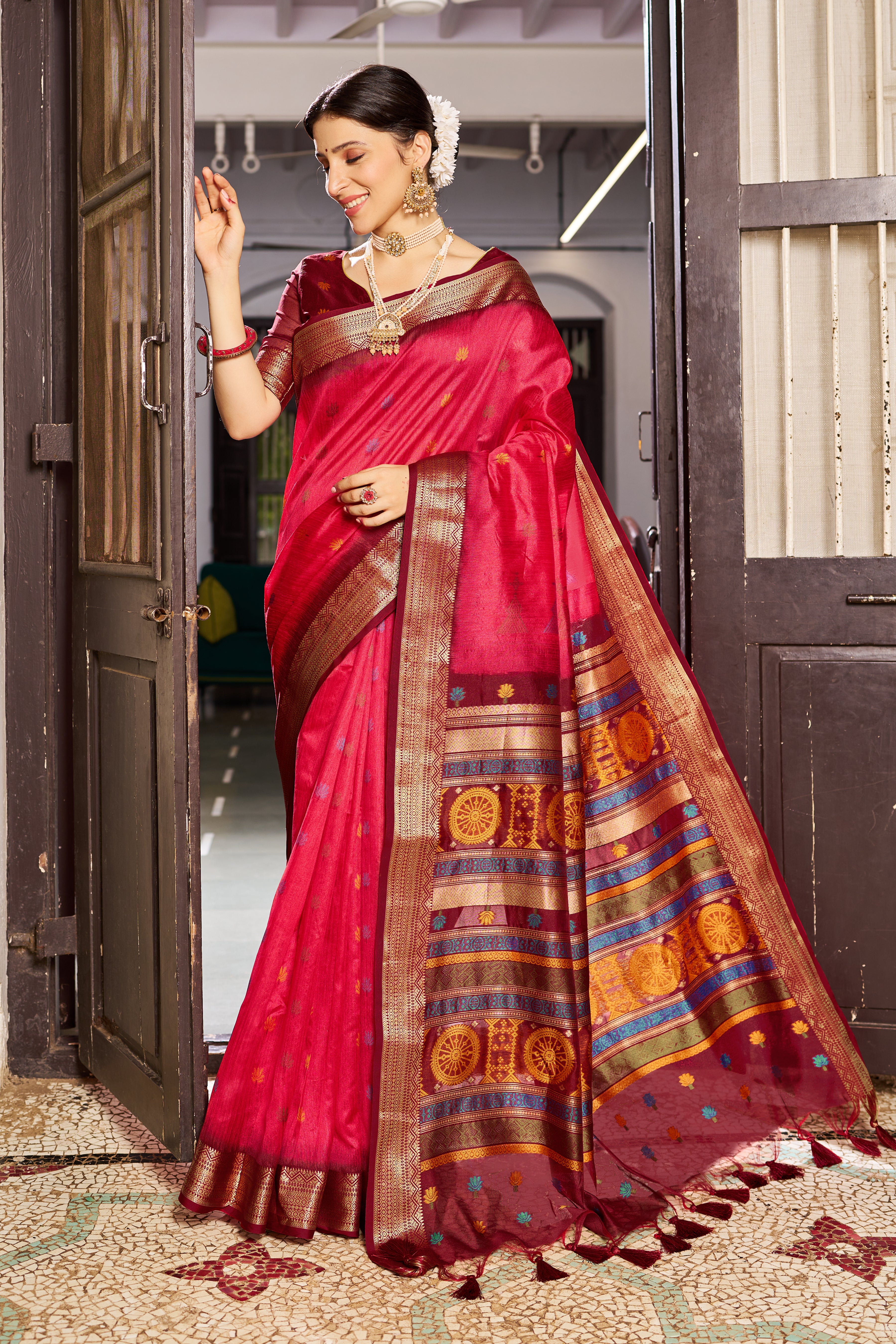 Radiant Red Raw Silk Saree