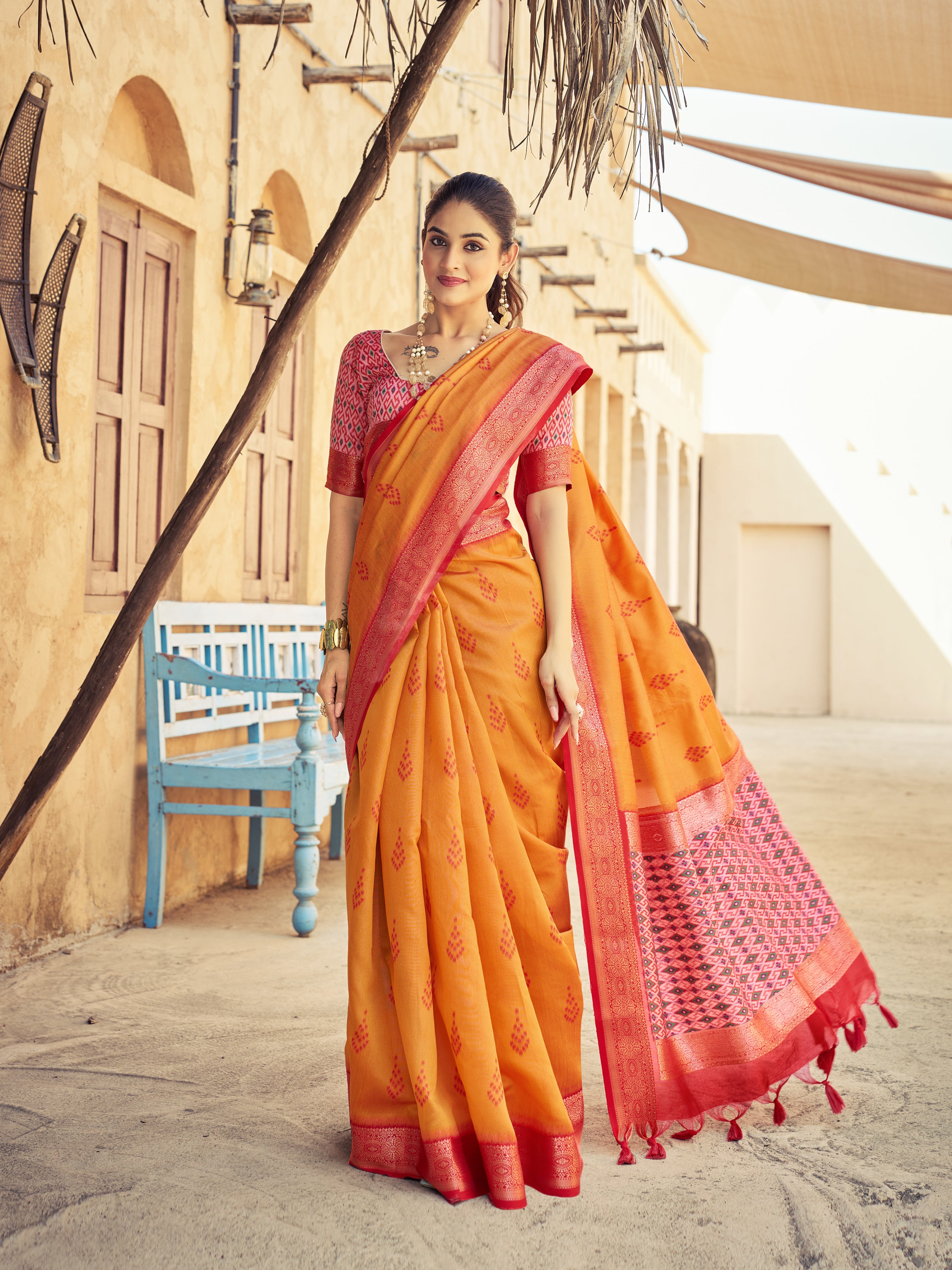 Fiery Orange Raw Silk Saree