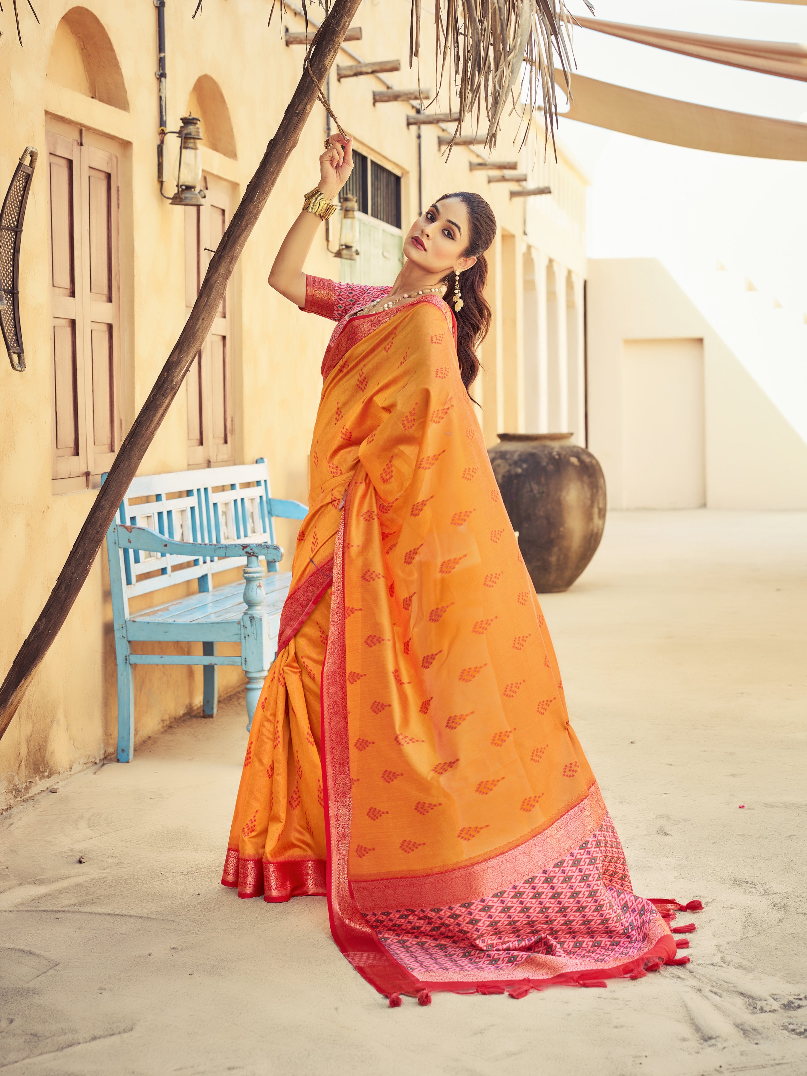 Fiery Orange Raw Silk Saree