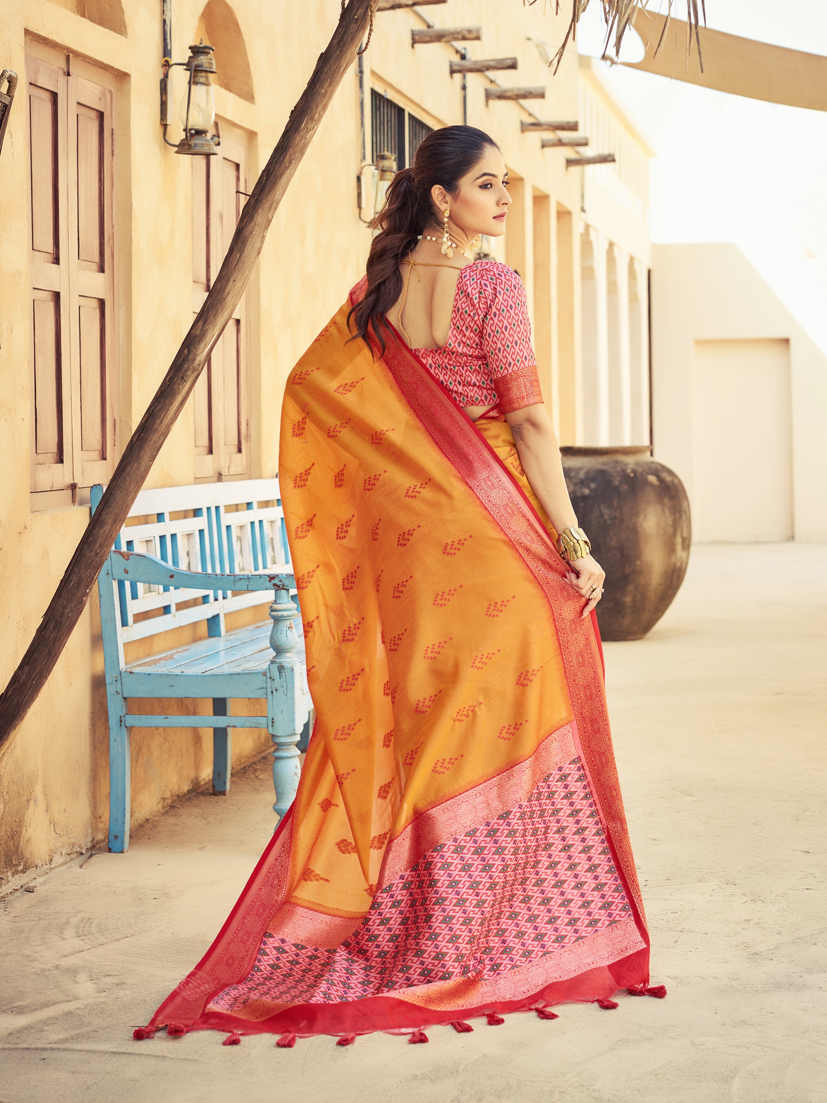 Fiery Orange Raw Silk Saree
