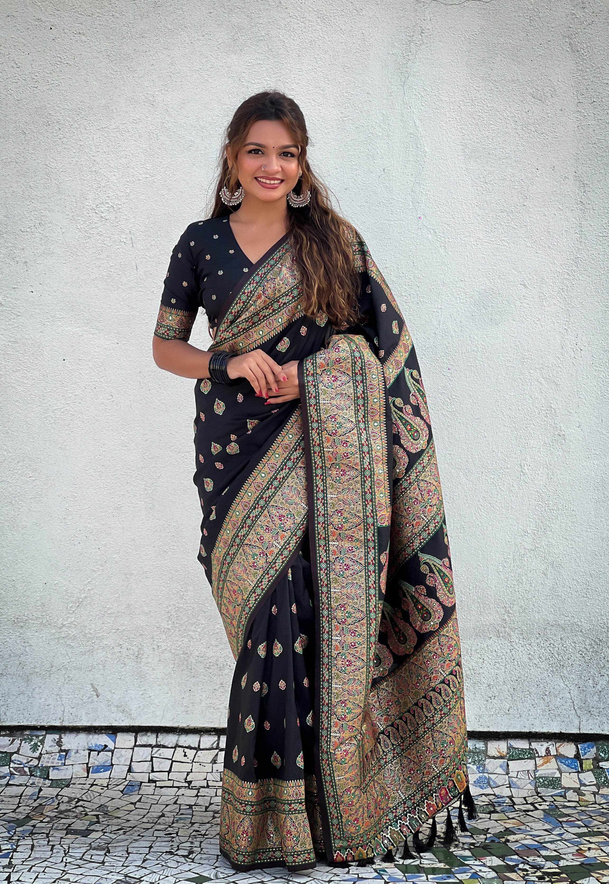 Midnight Black Pashmina Kashmiri Sarees