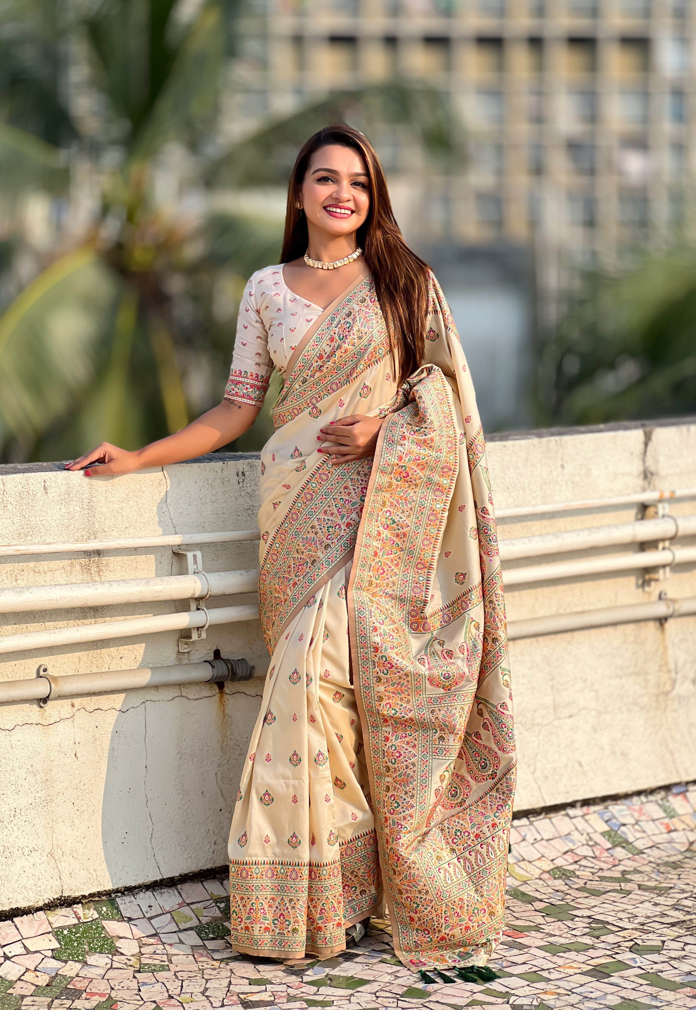 Ivory Cream Pashmina Kashmiri Sarees