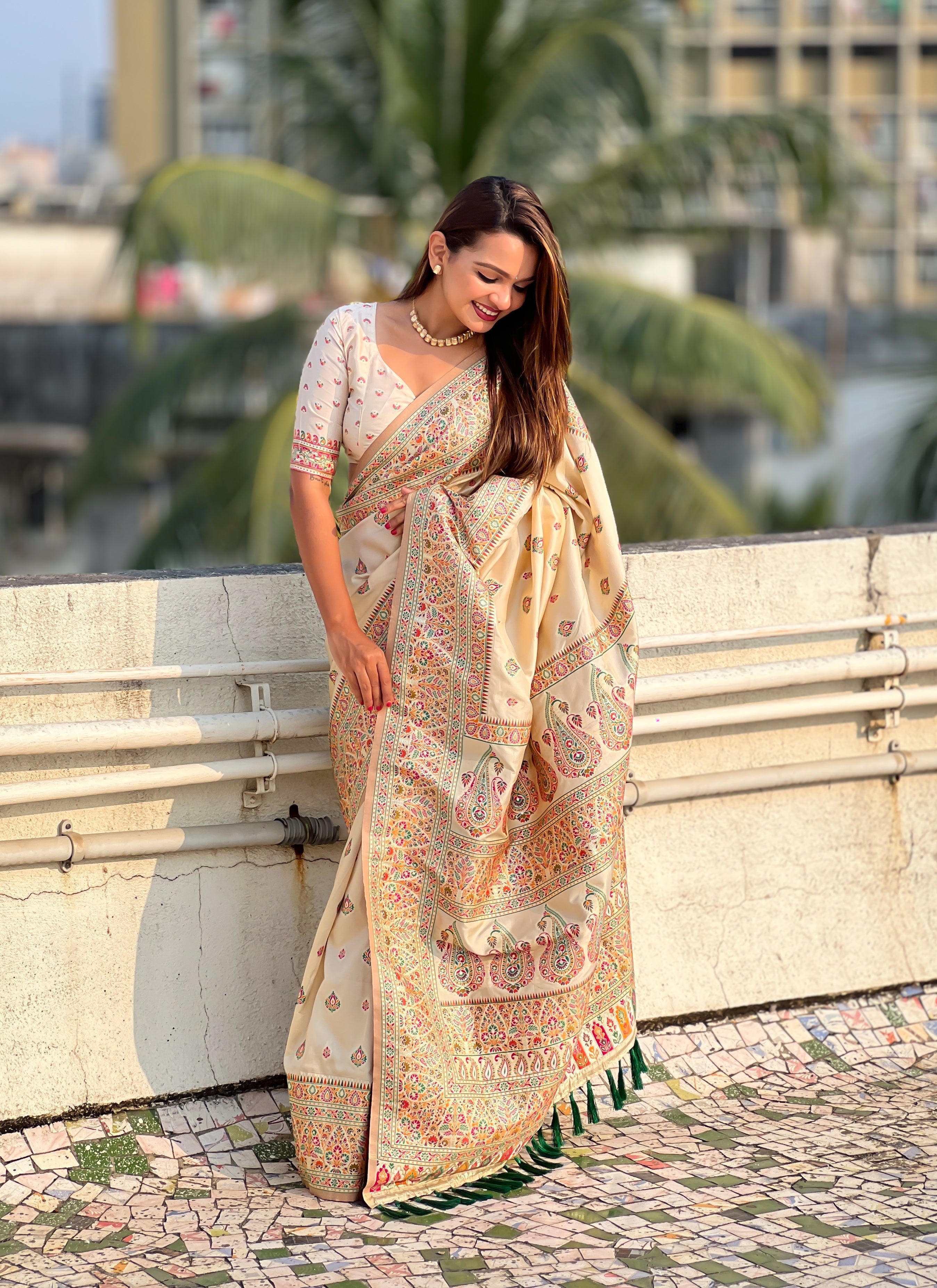 Ivory Cream Pashmina Kashmiri Sarees