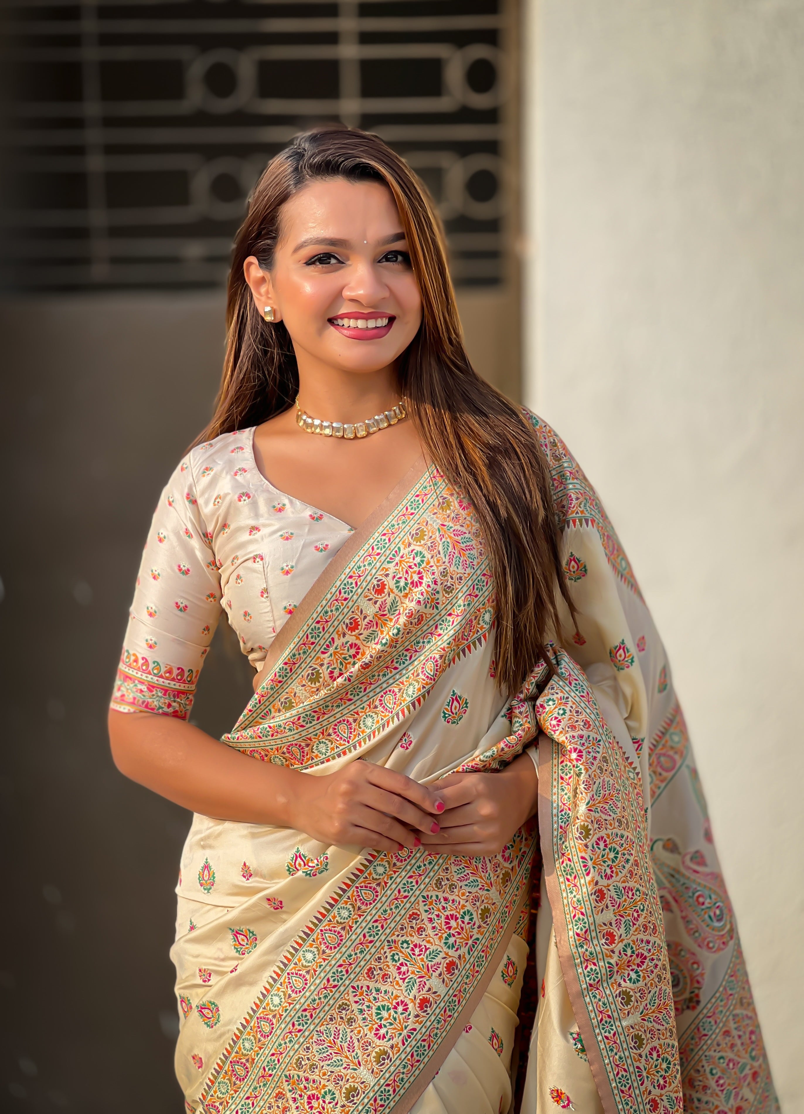Ivory Cream Pashmina Kashmiri Sarees