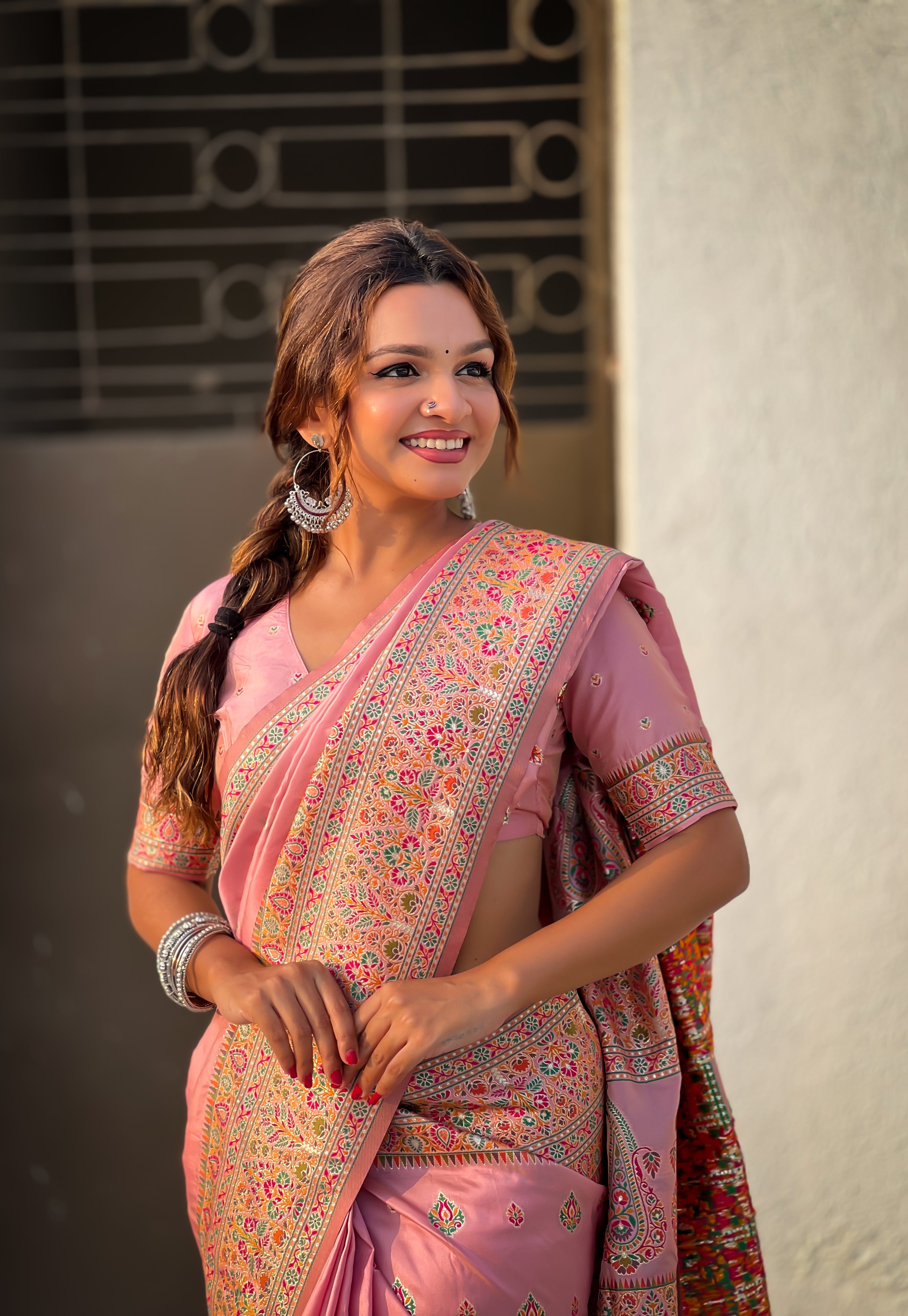 Rose Pink Pashmina Kashmiri Sarees