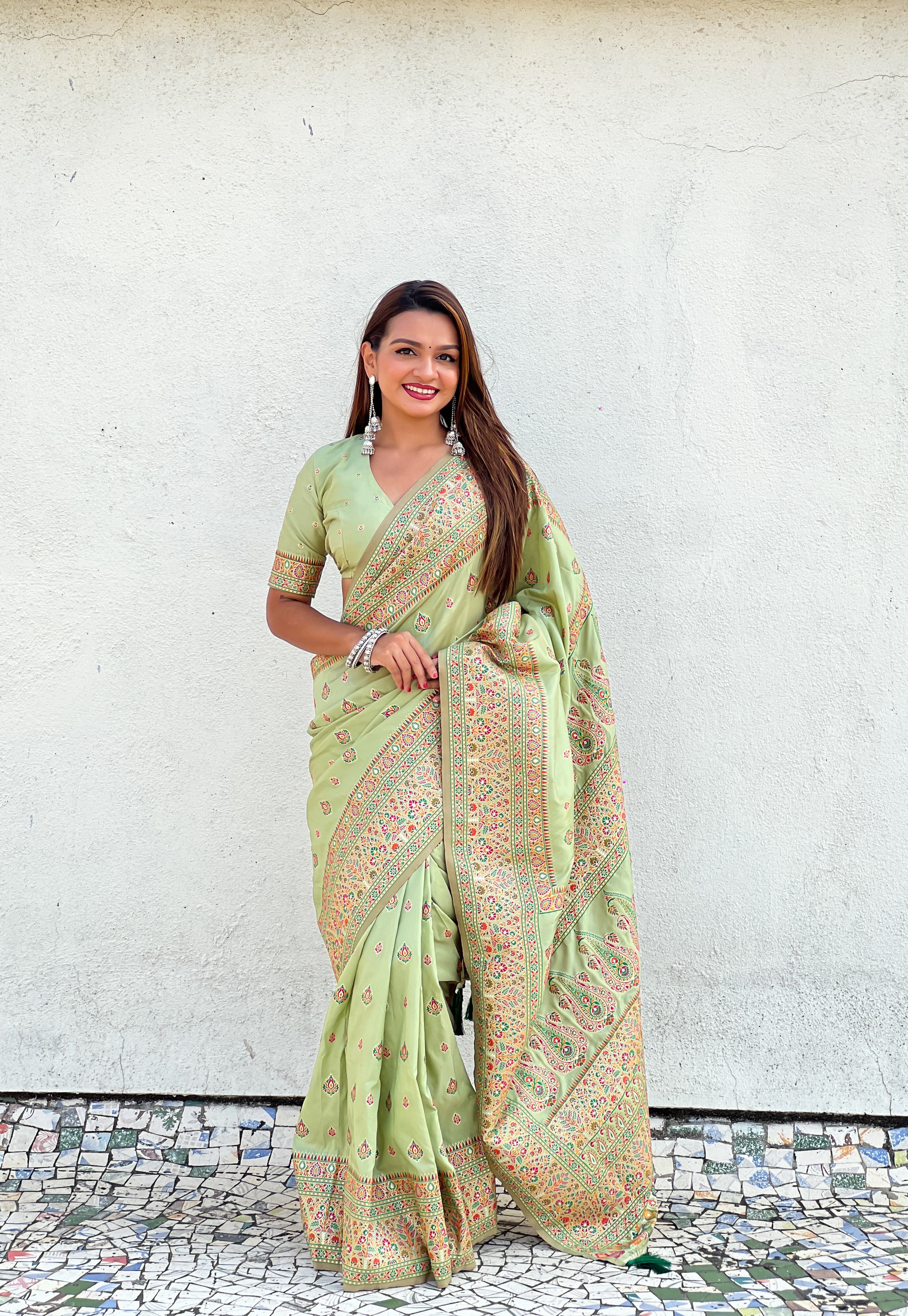 Pistachio Glow Pashmina Kashmiri Sarees