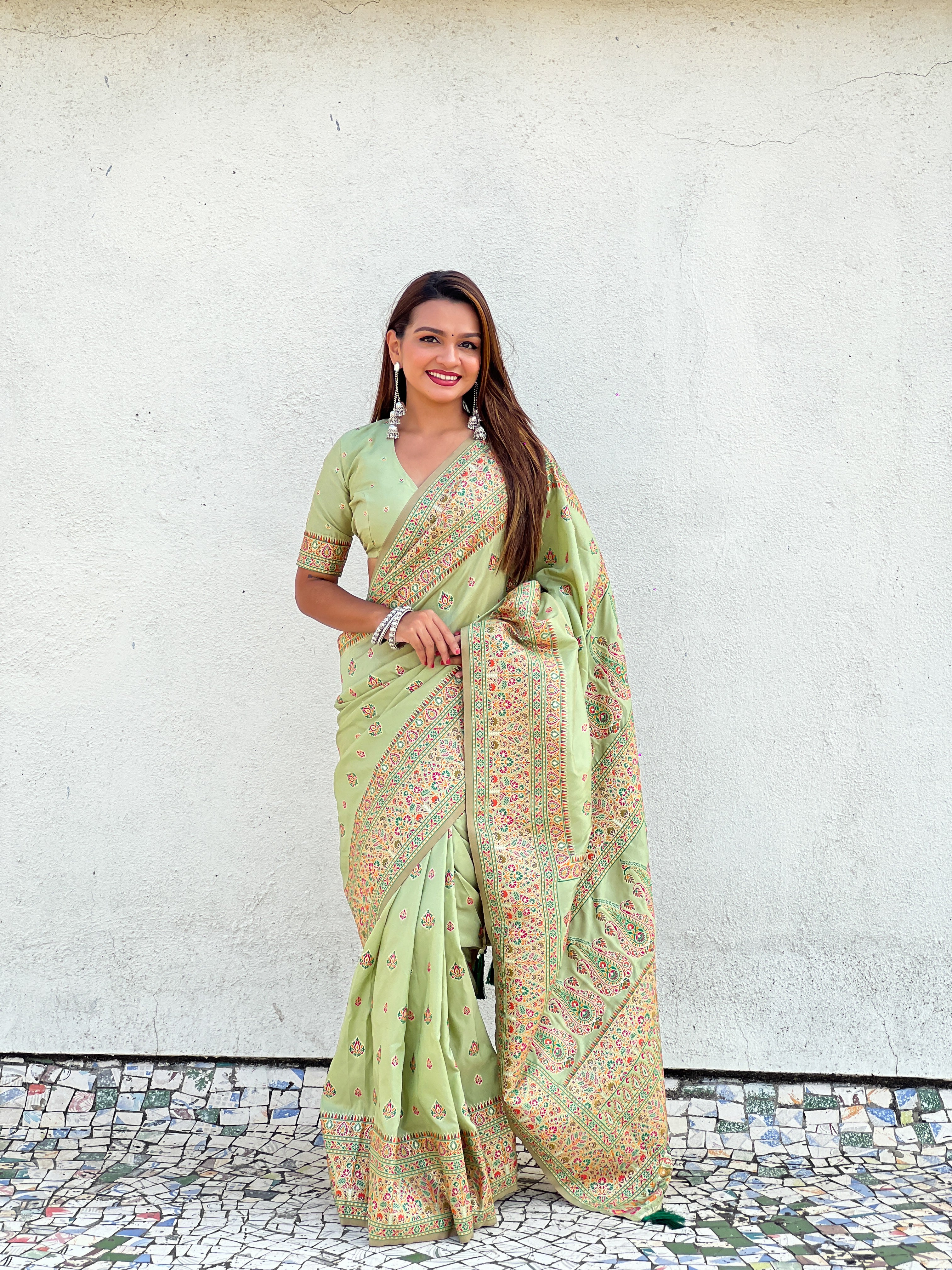 Pistachio Glow Pashmina Kashmiri Sarees