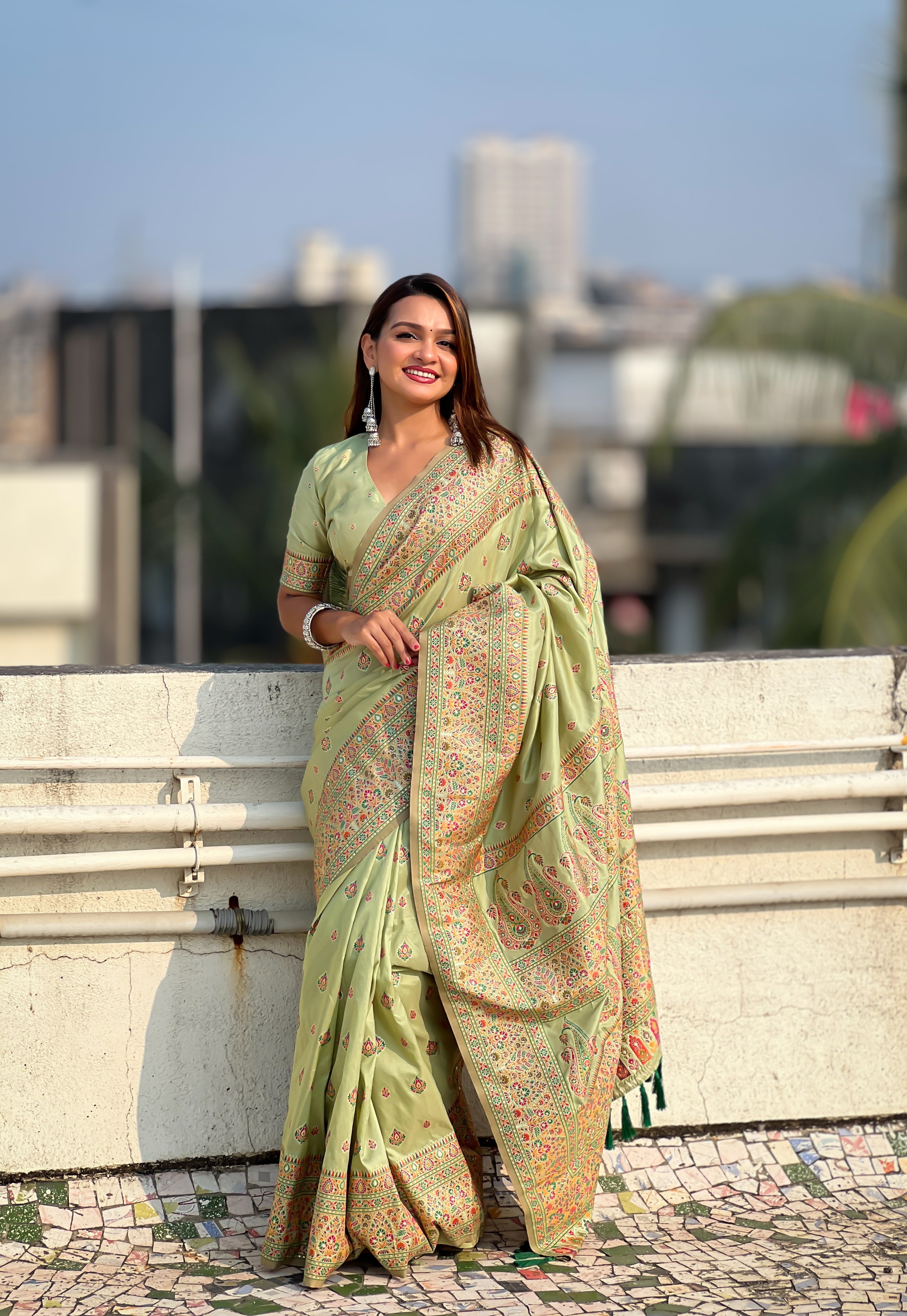 Pistachio Glow Pashmina Kashmiri Sarees