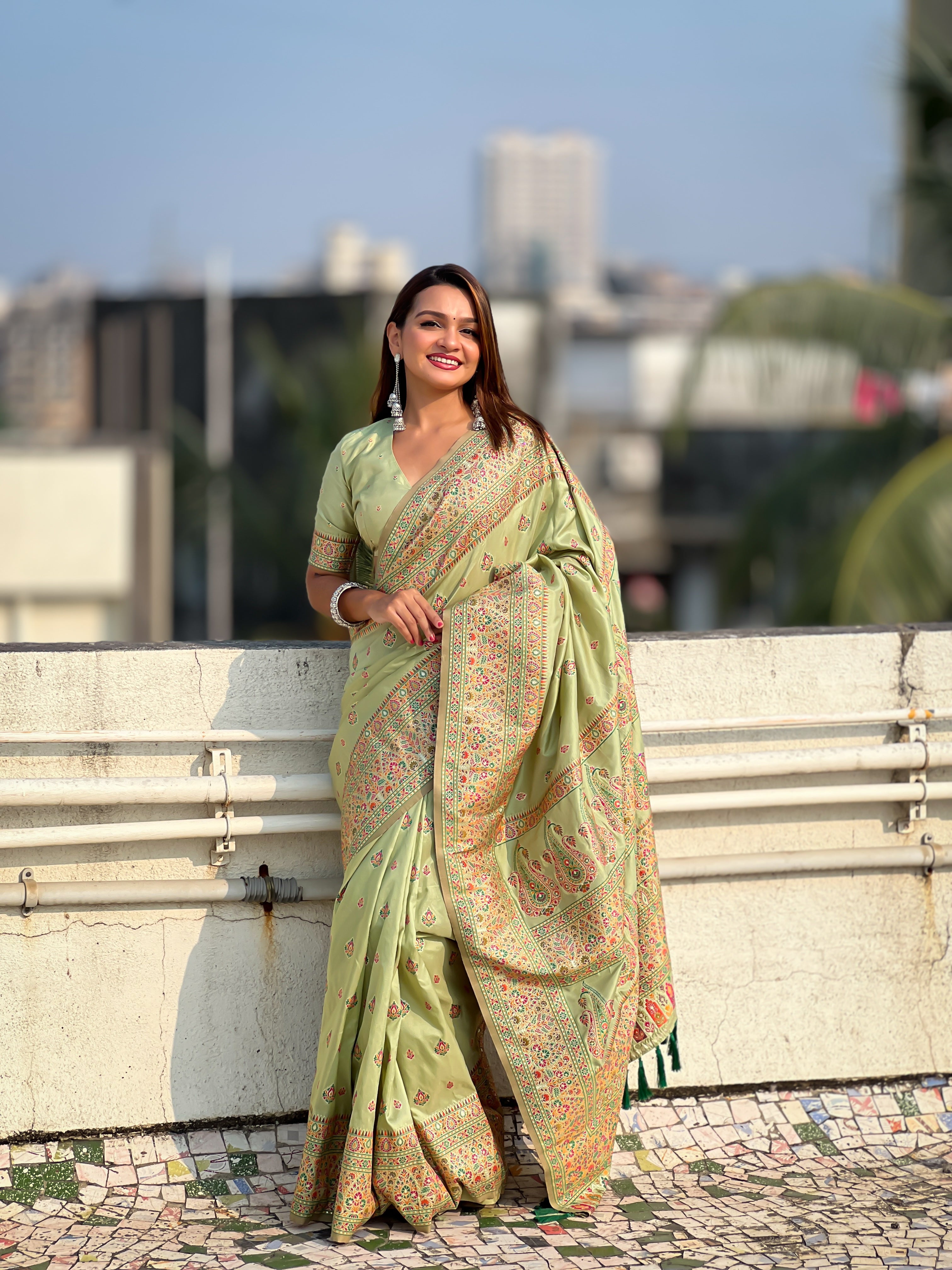 Pistachio Glow Pashmina Kashmiri Sarees