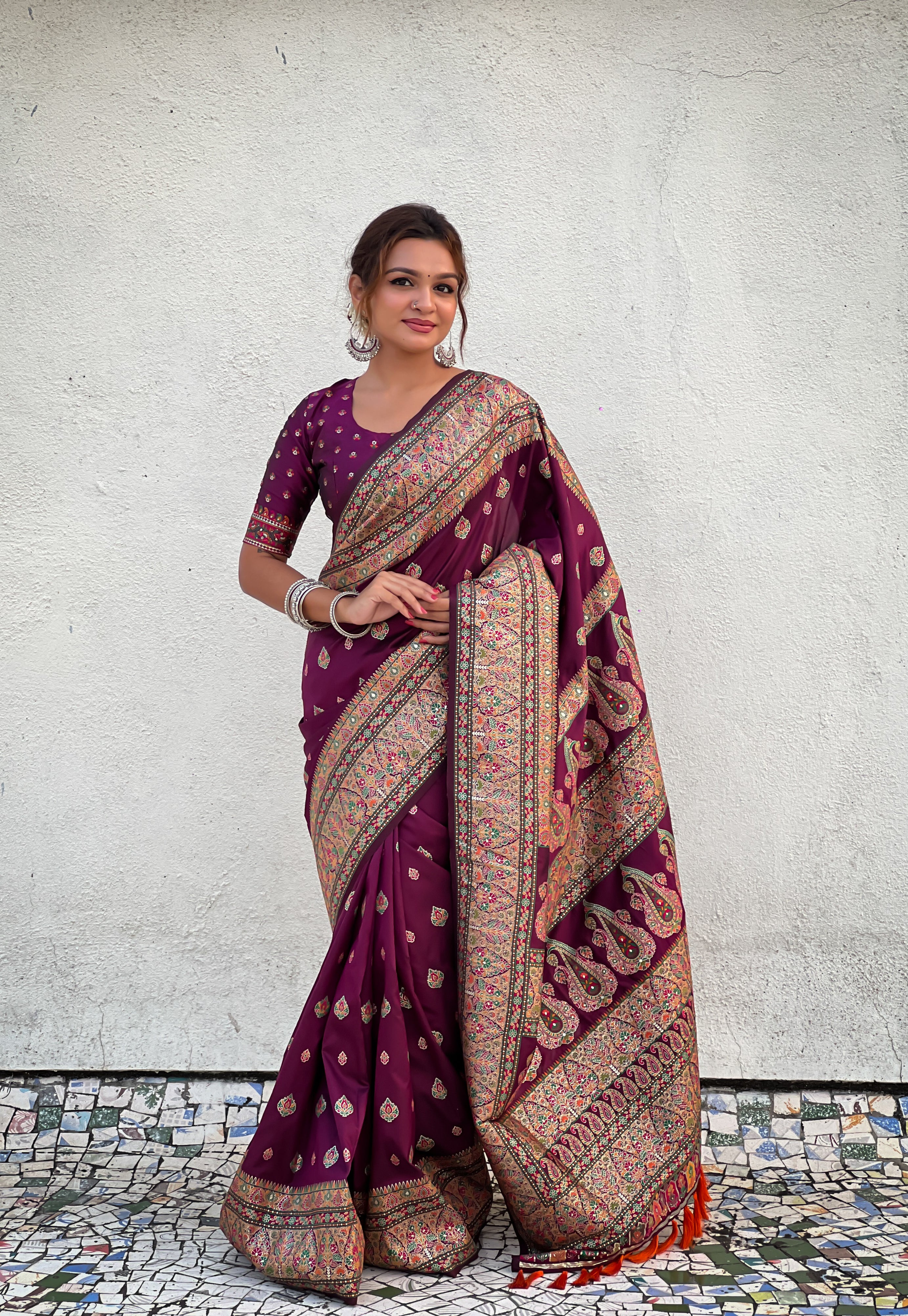 Regal Wine Pashmina Kashmiri Sarees
