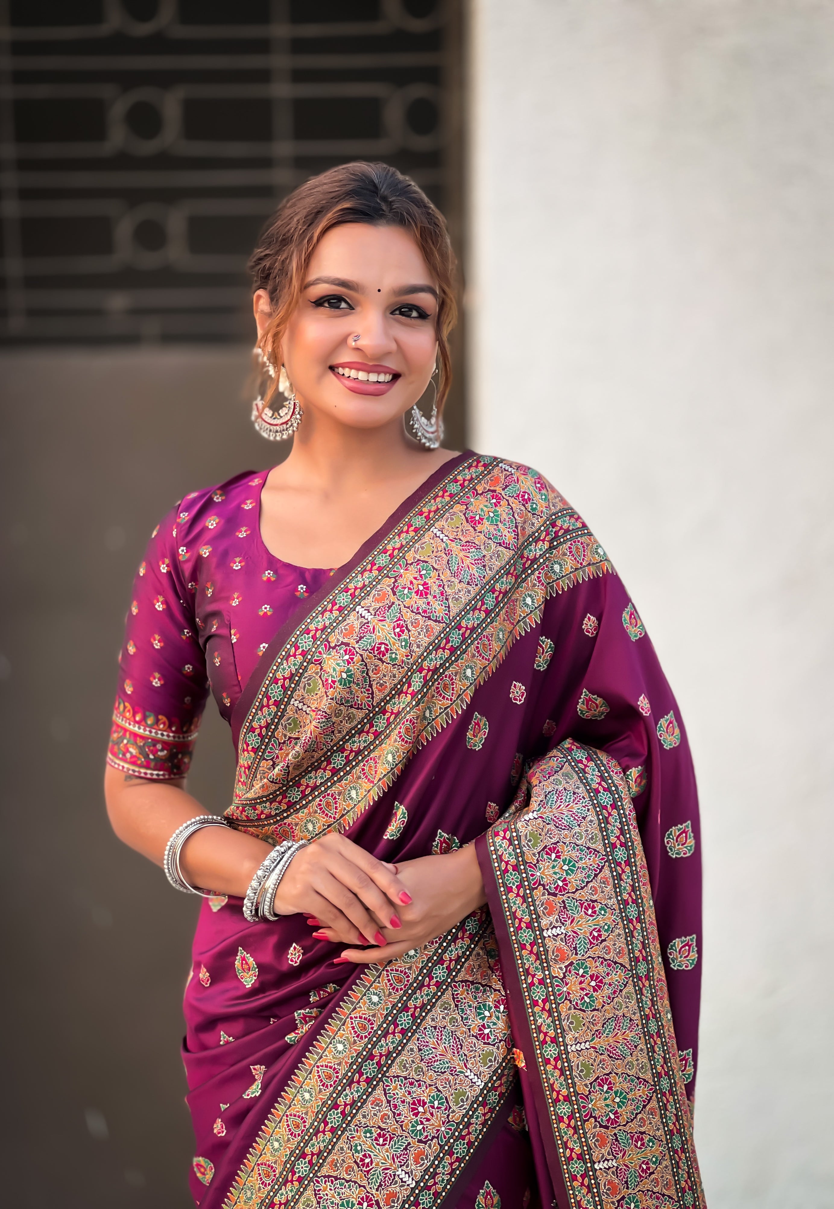 Regal Wine Pashmina Kashmiri Sarees