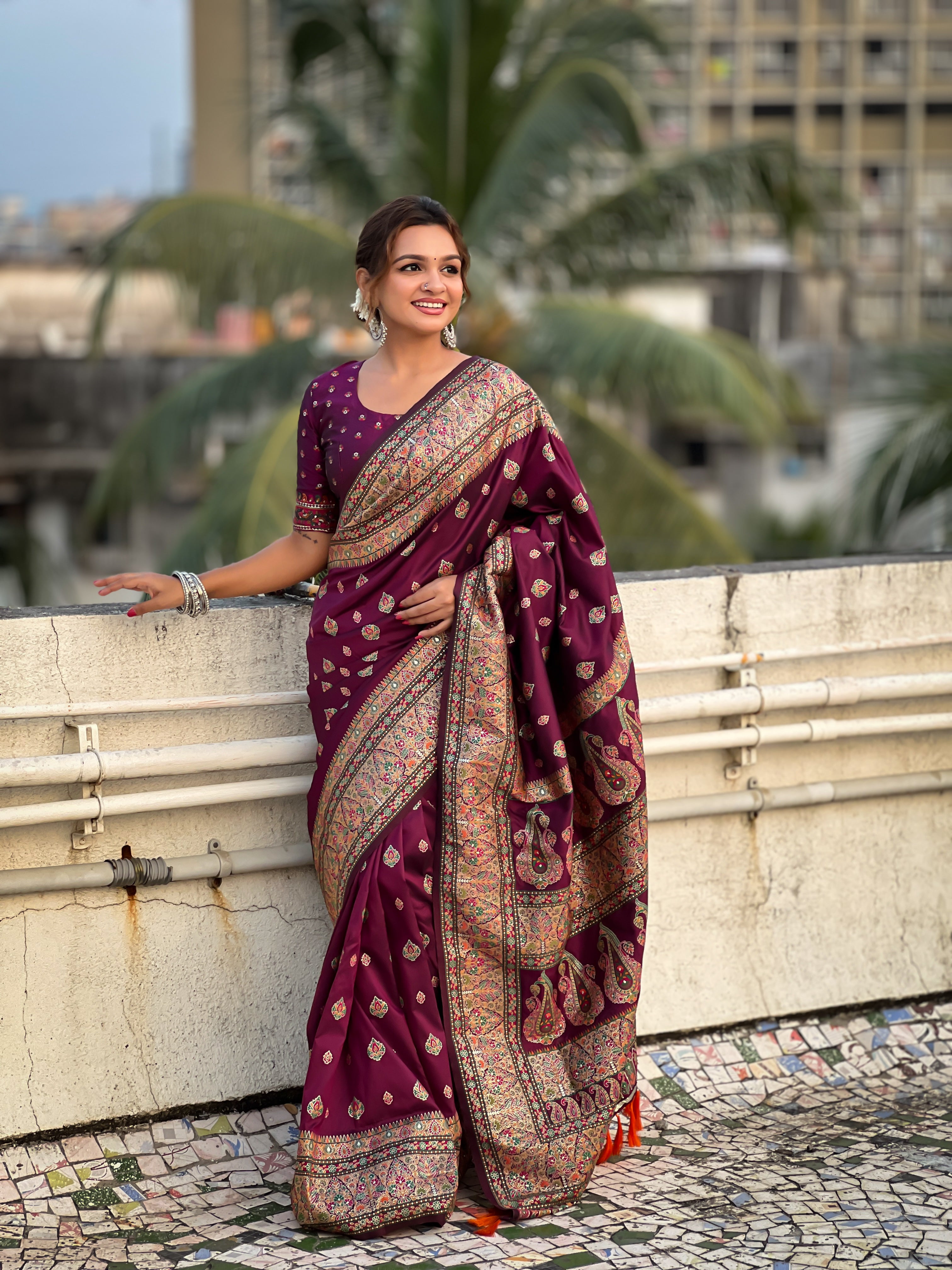 Regal Wine Pashmina Kashmiri Sarees