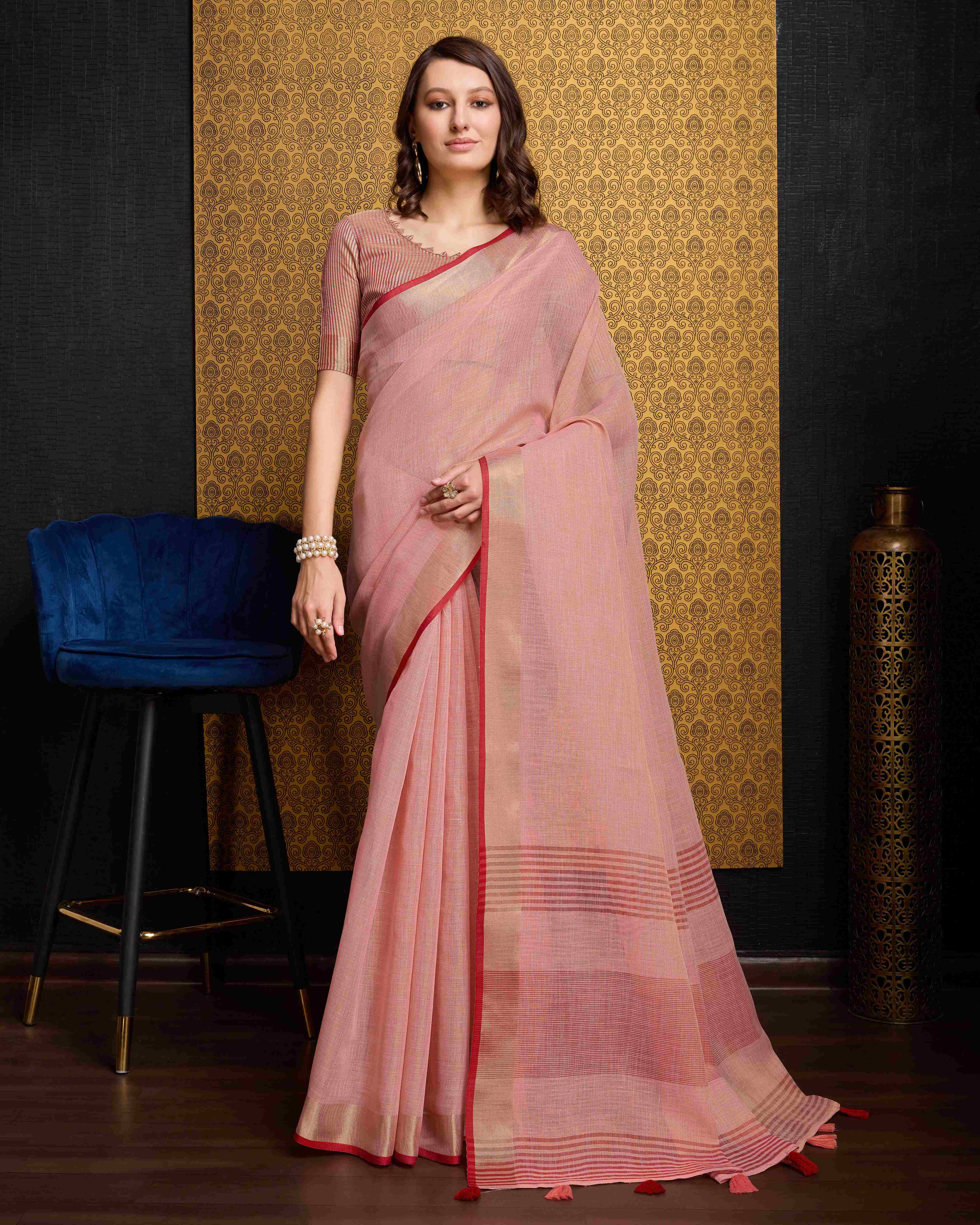 Elegant Peach Linen Saree
