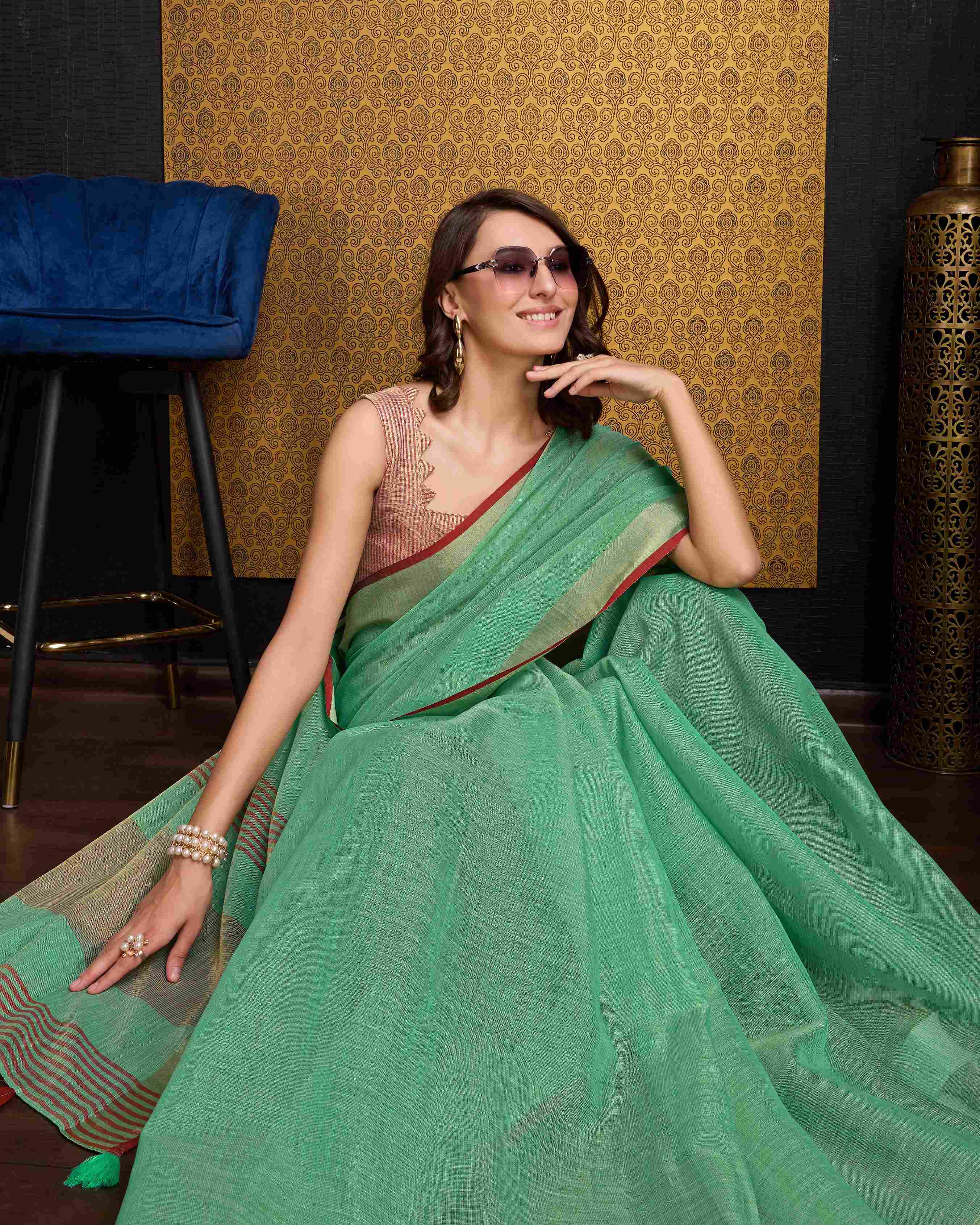 Serene Sea Green Linen Saree