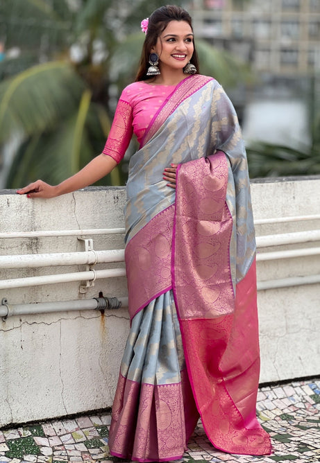 Smoky Grey and Pink Tissue Silk Saree