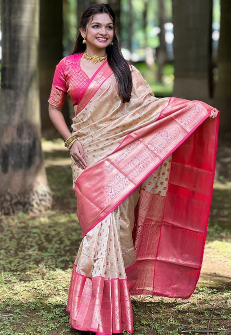 Beige and Pink Kanjivaram Tissue Saree