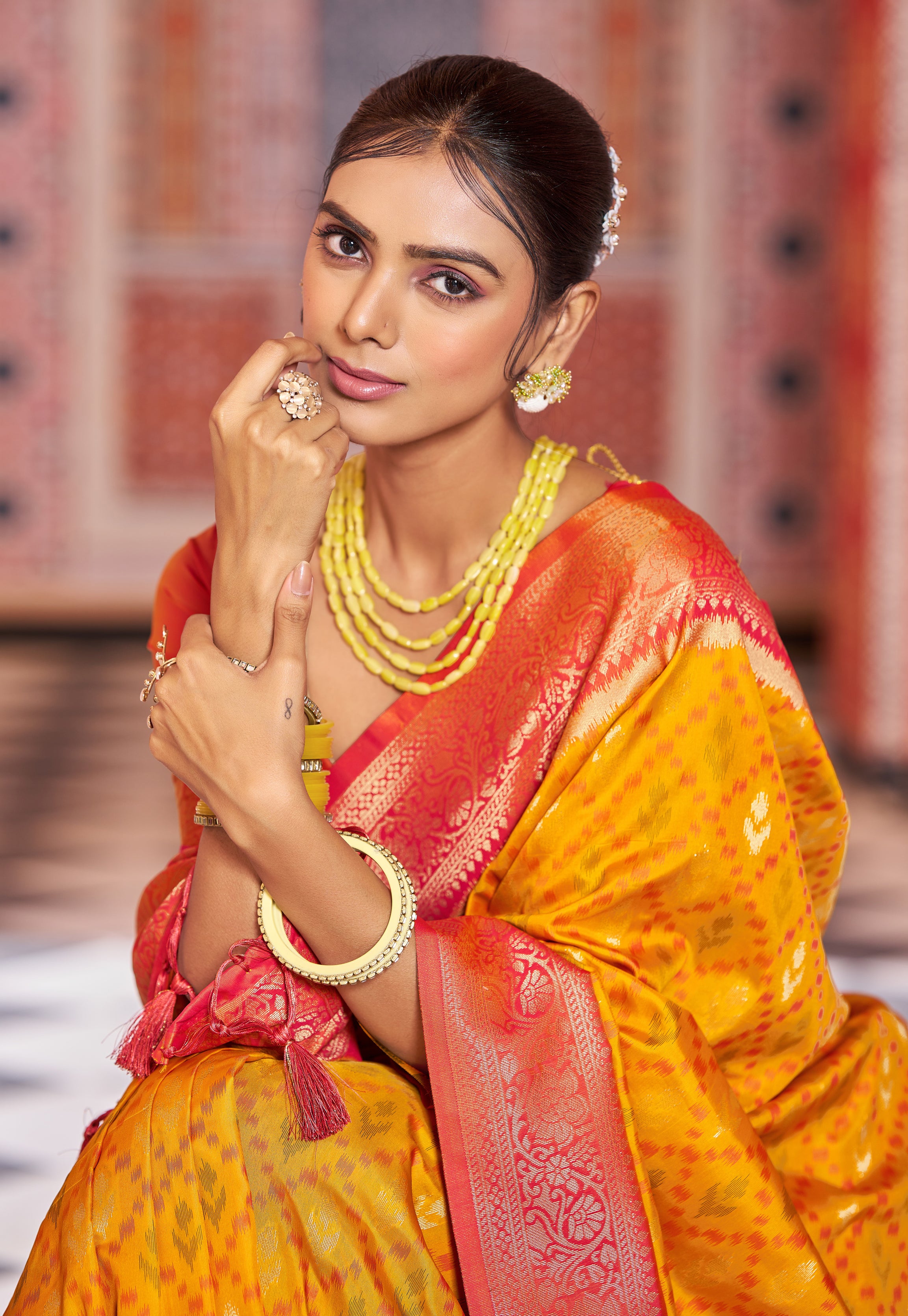 Vibrant Yellow Red Soft Silk Saree