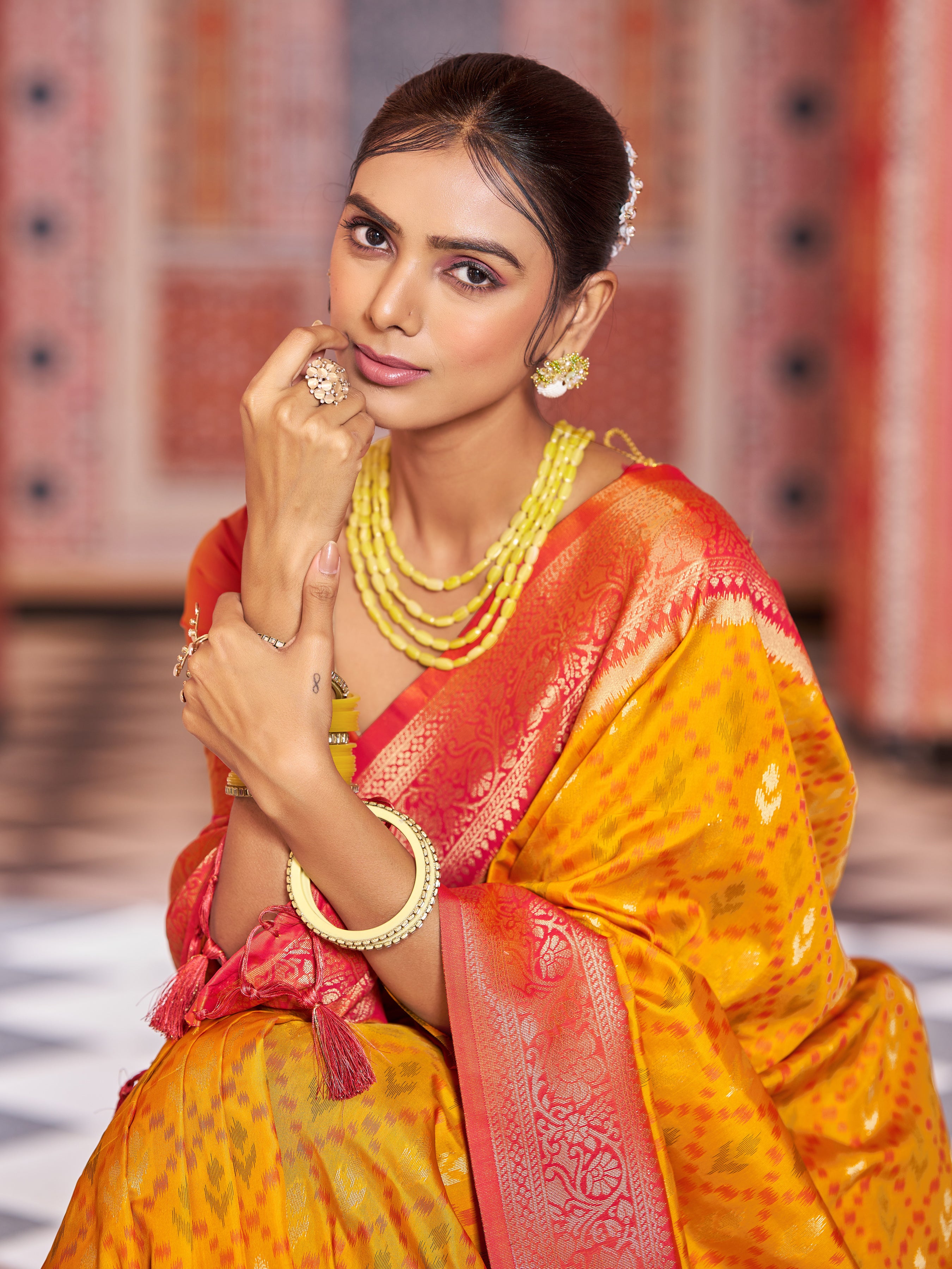 Vibrant Yellow Red Soft Silk Saree