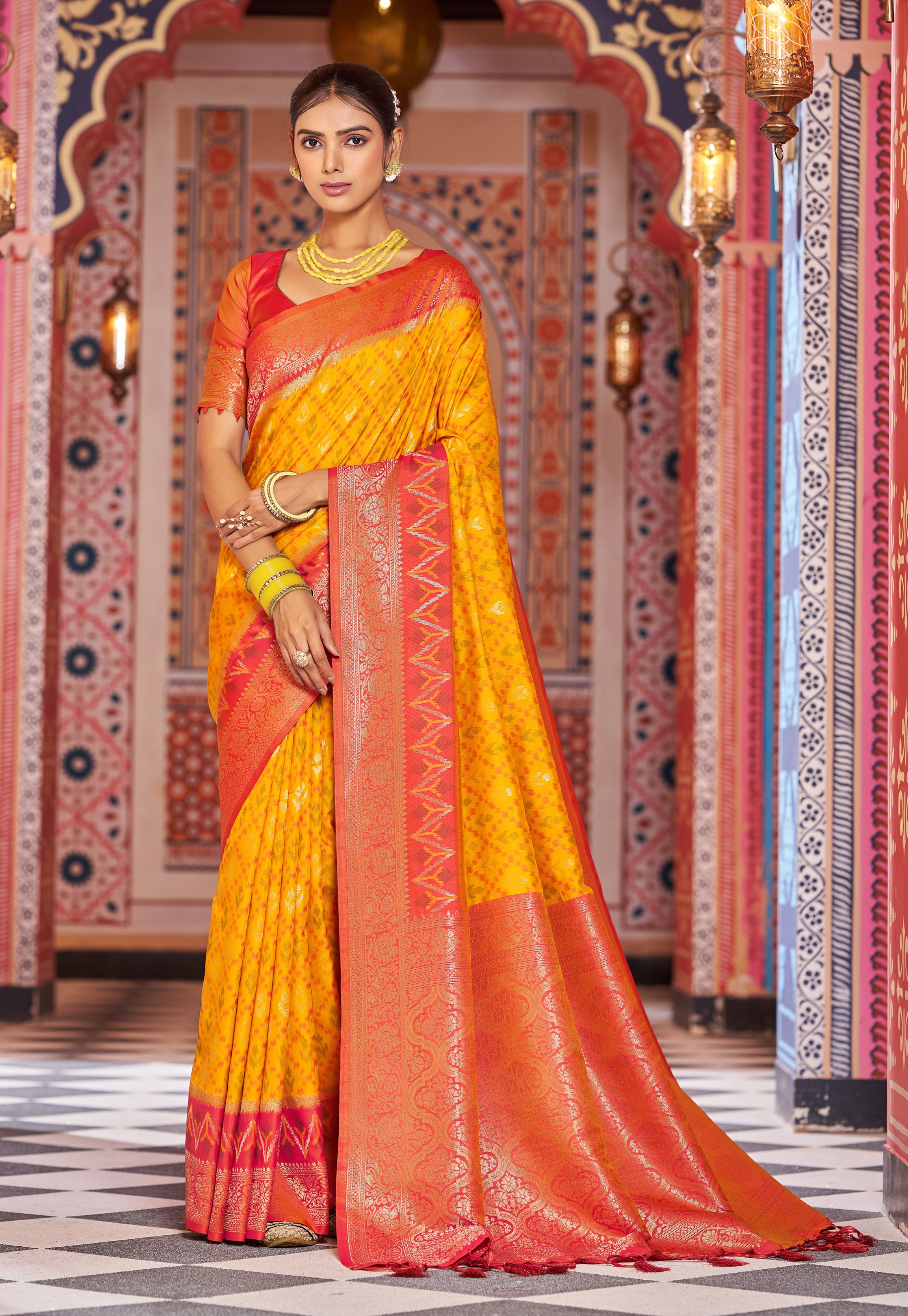 Vibrant Yellow Red Soft Silk Saree