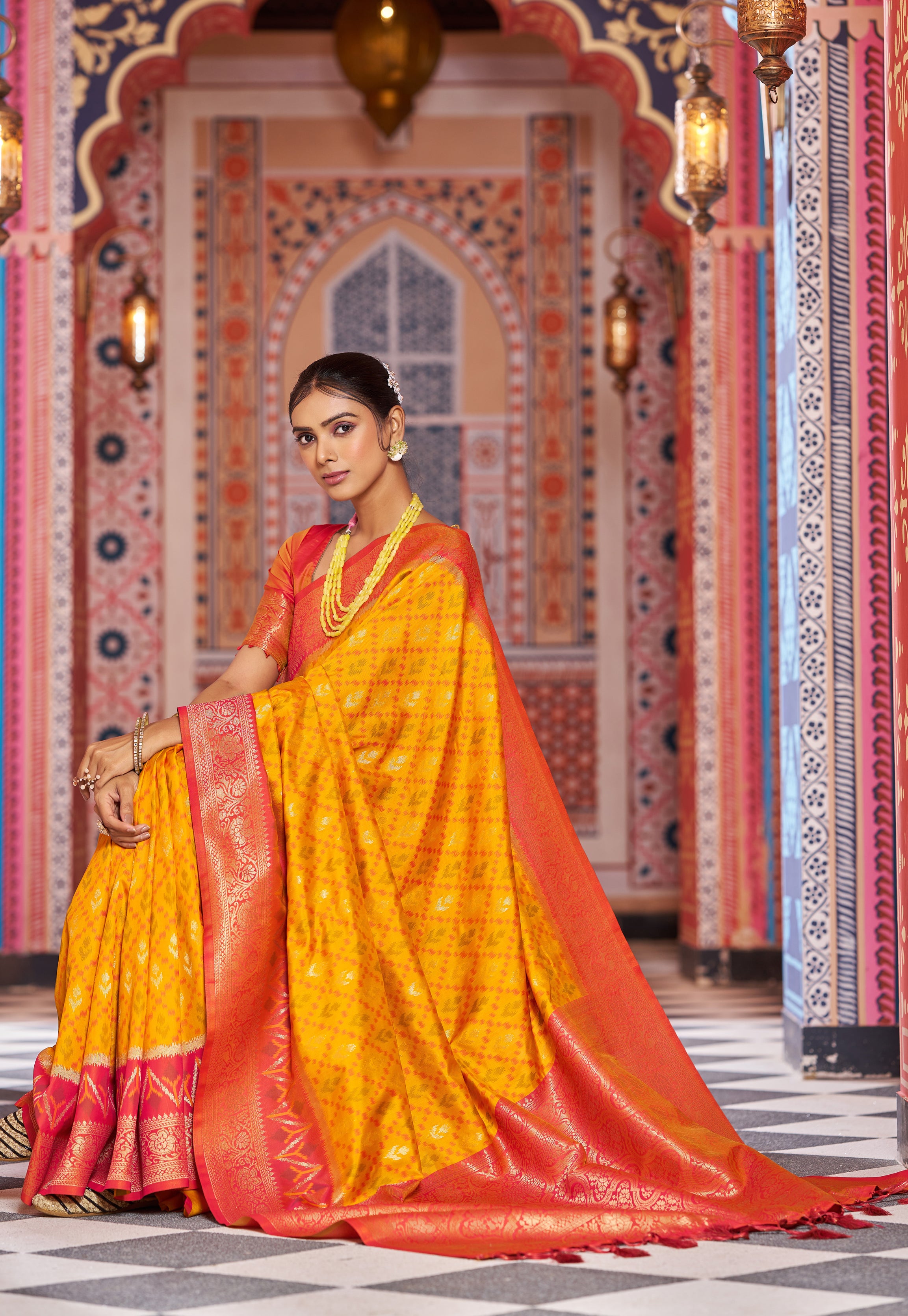 Vibrant Yellow Red Soft Silk Saree