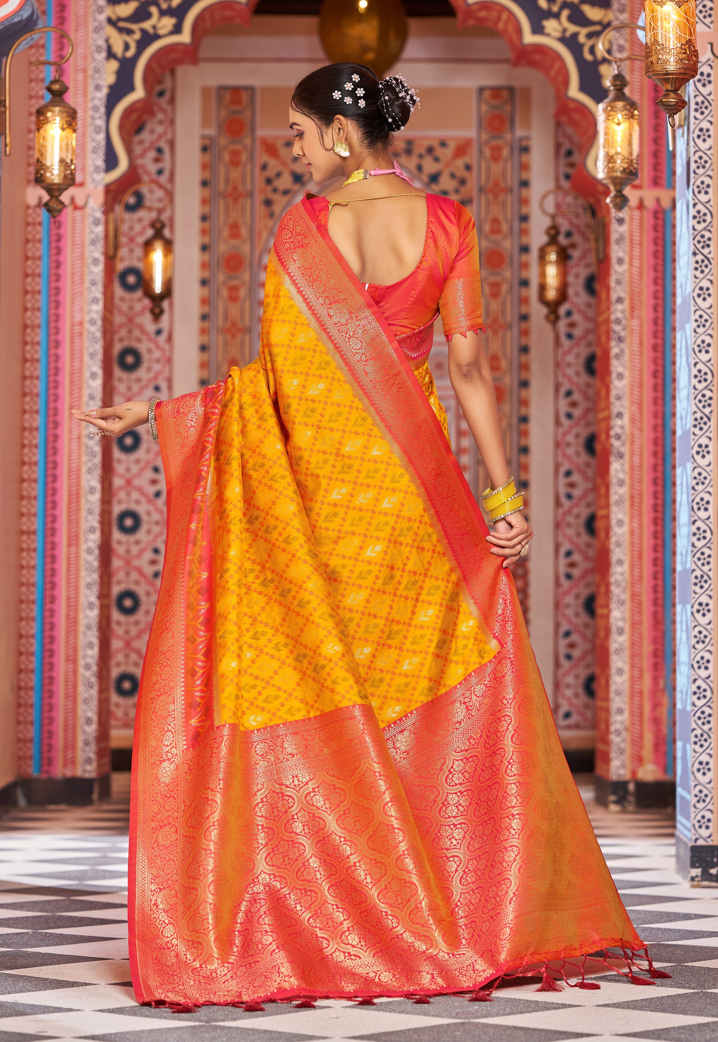 Vibrant Yellow Red Soft Silk Saree