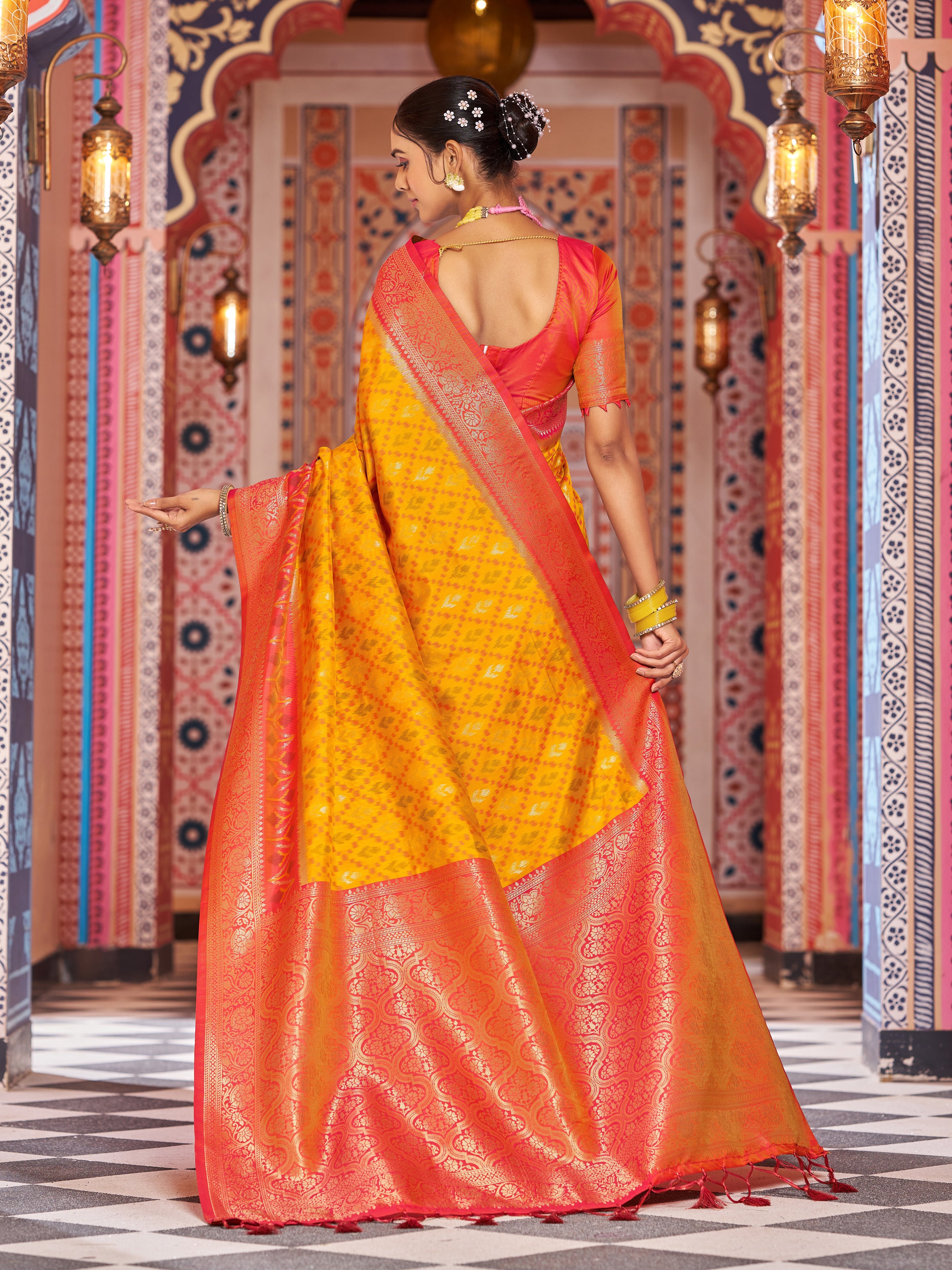 Vibrant Yellow Red Soft Silk Saree