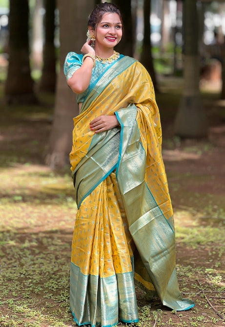 Yellow and Aqua Blue Kanjivaram  Saree