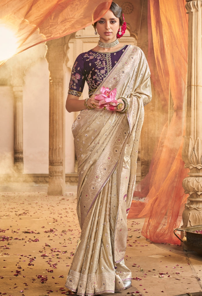 Golden Cream Aura Pure Sattin Saree