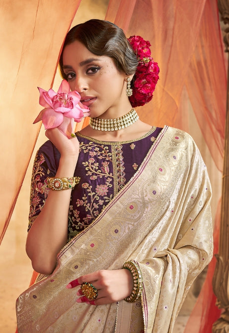 Golden Cream Aura Pure Sattin Saree