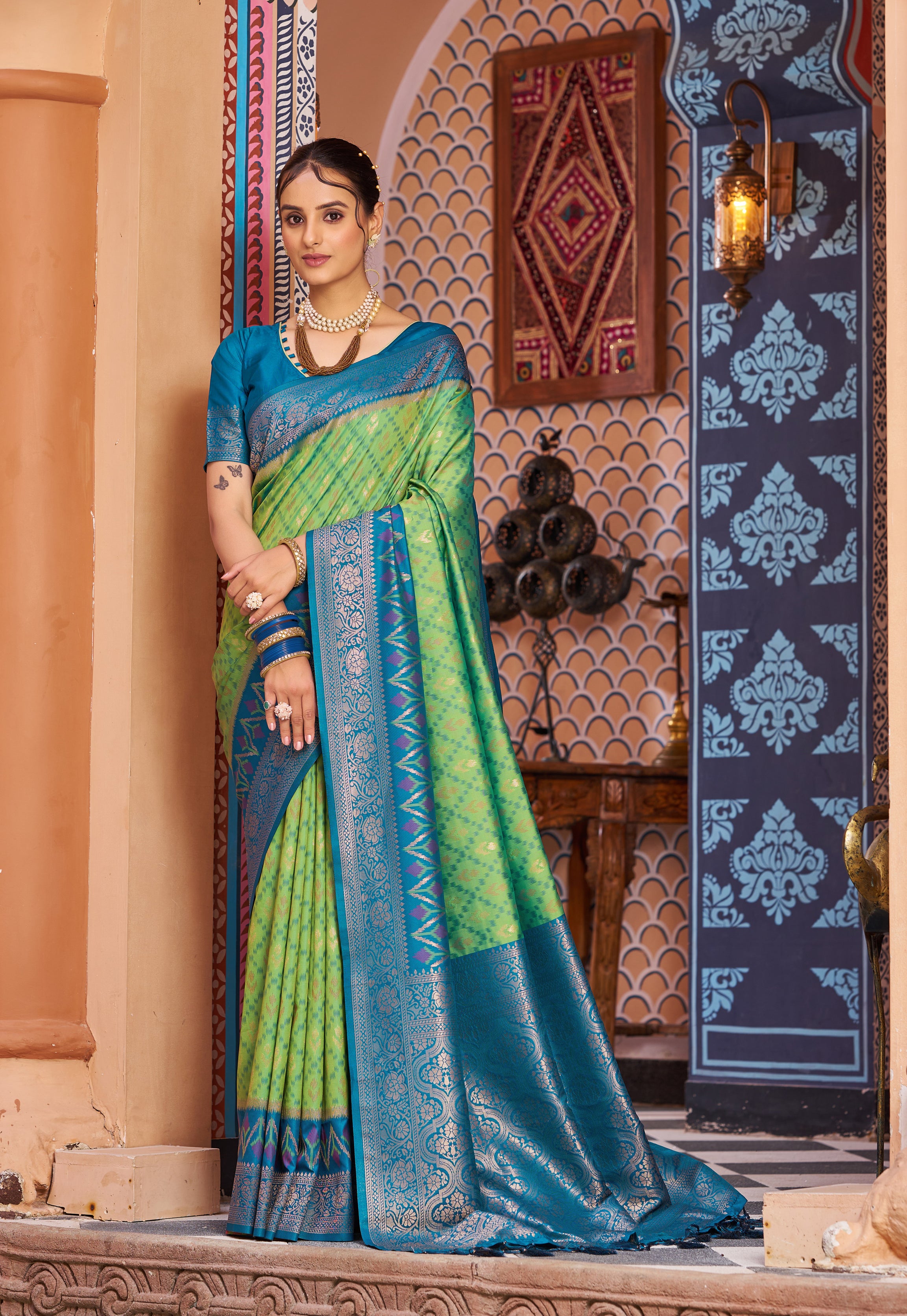 Serene Green Blue Soft Silk Saree