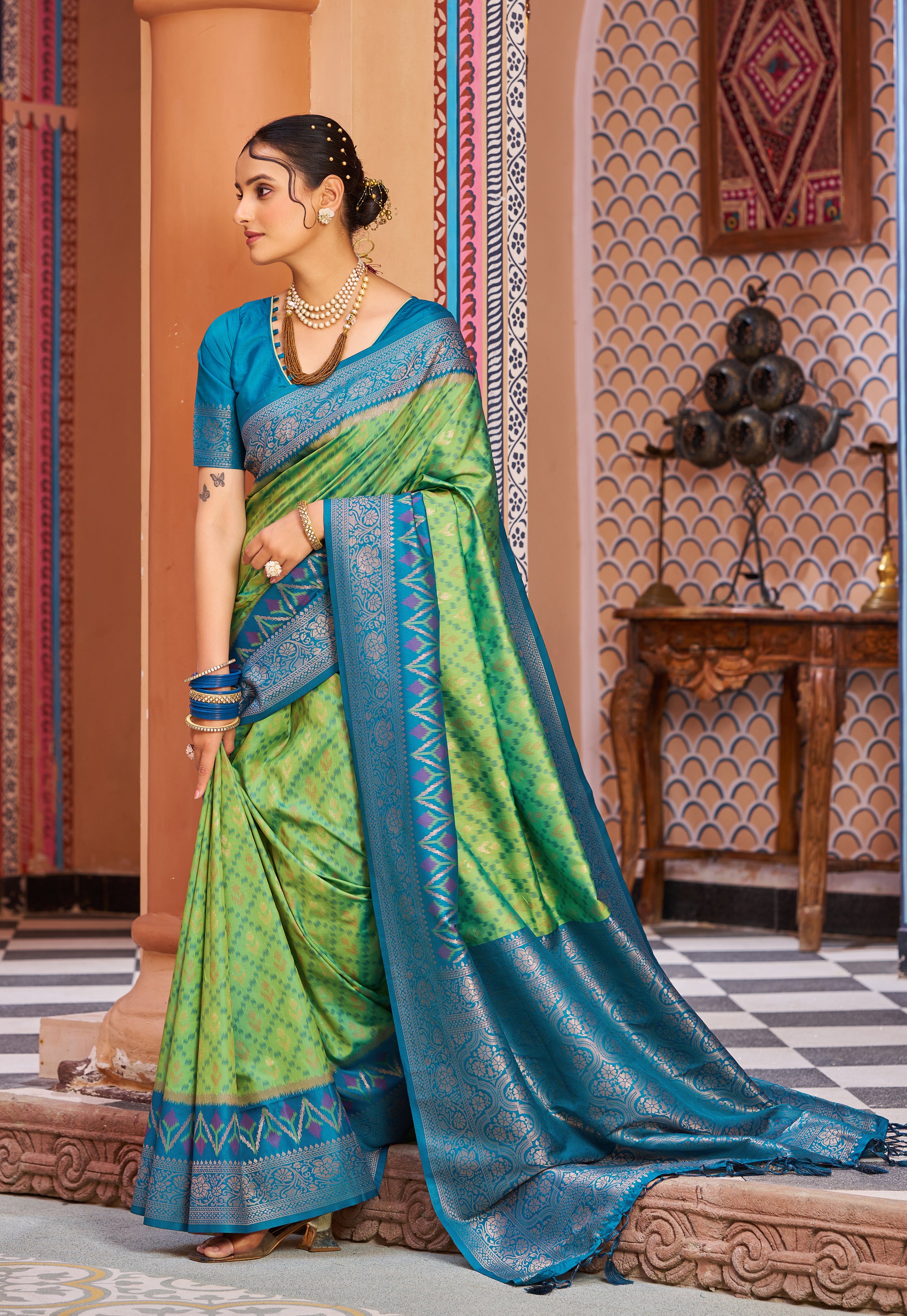 Serene Green Blue Soft Silk Saree