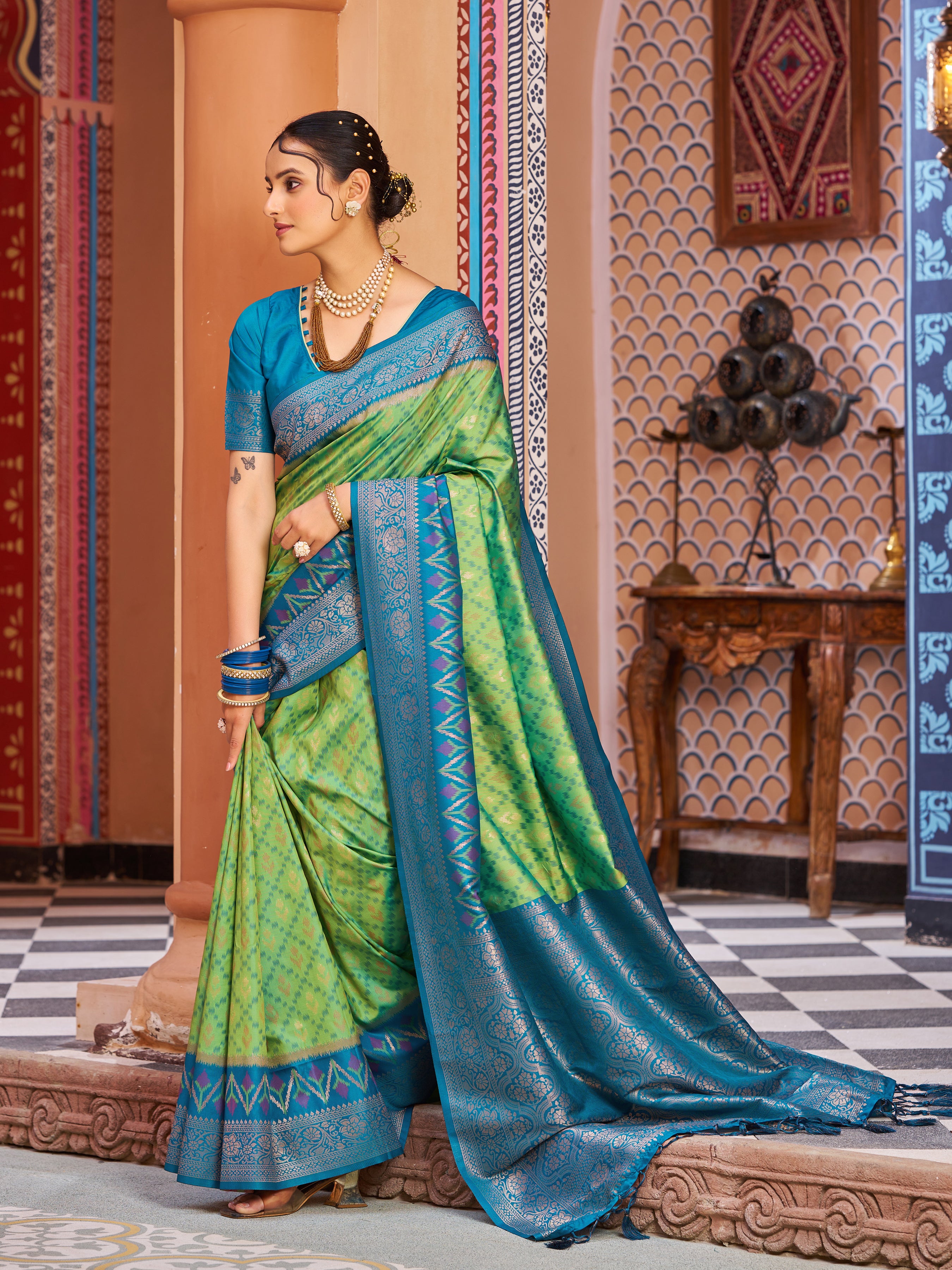 Serene Green Blue Soft Silk Saree