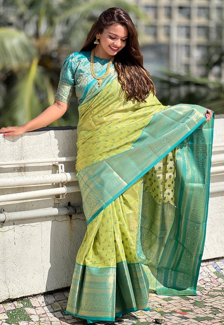 Yellow and Aqua Green Kanjivaram Saree