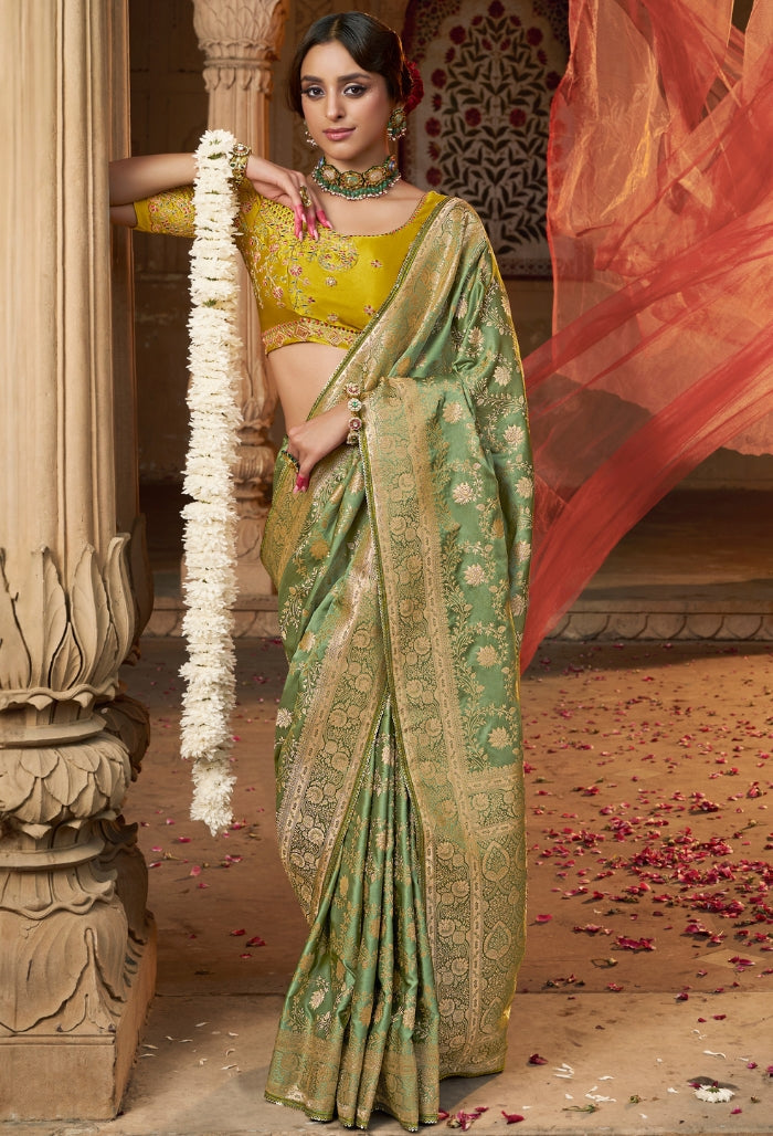 Pista Blossom Pure Sattin Saree