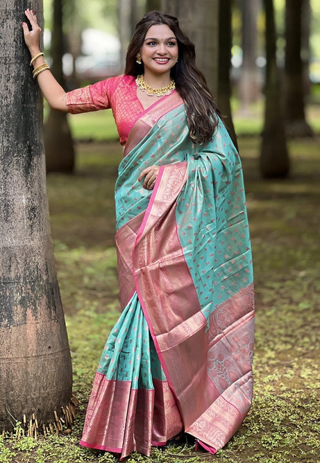Aqua Green and Pink Kanjivaram Saree