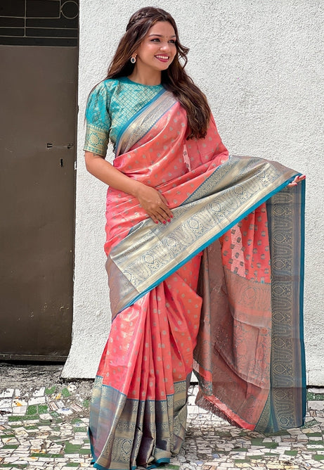 Coral Pink and Silver Kanjivaram Saree