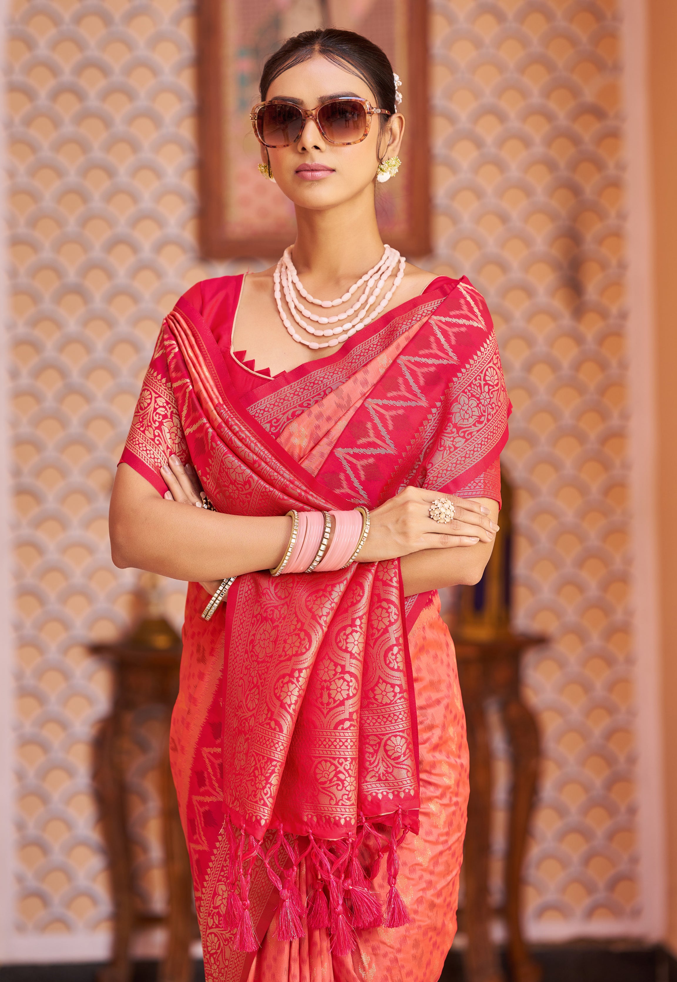 Fiery Orange Red Soft Silk Saree