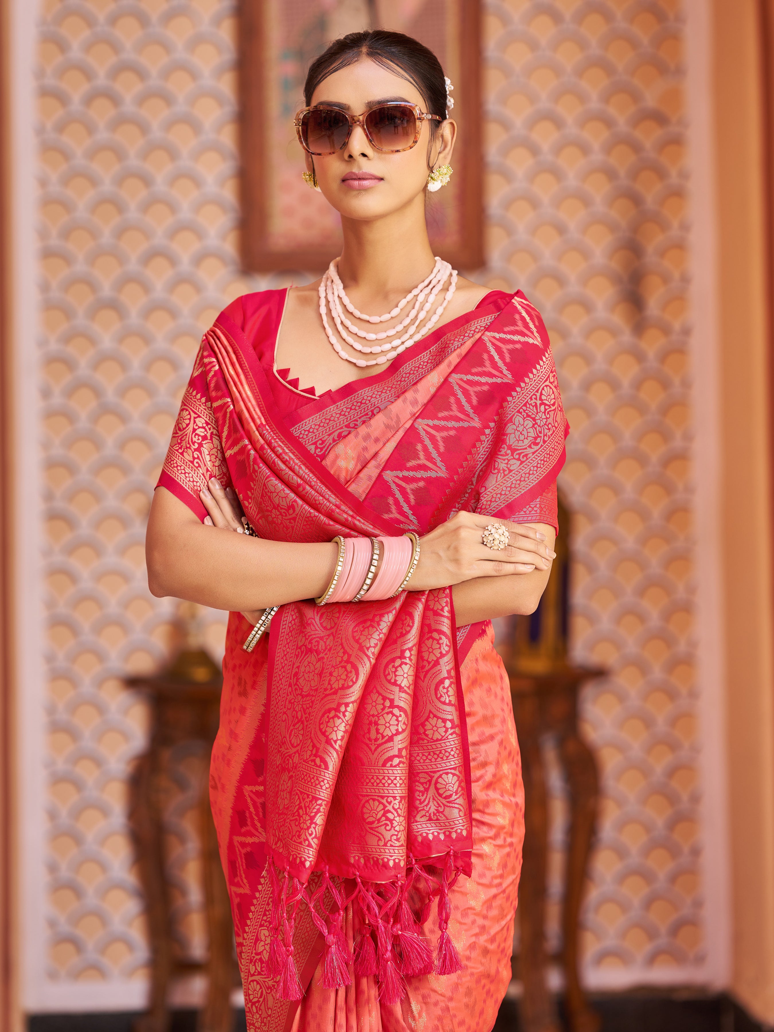 Fiery Orange Red Soft Silk Saree