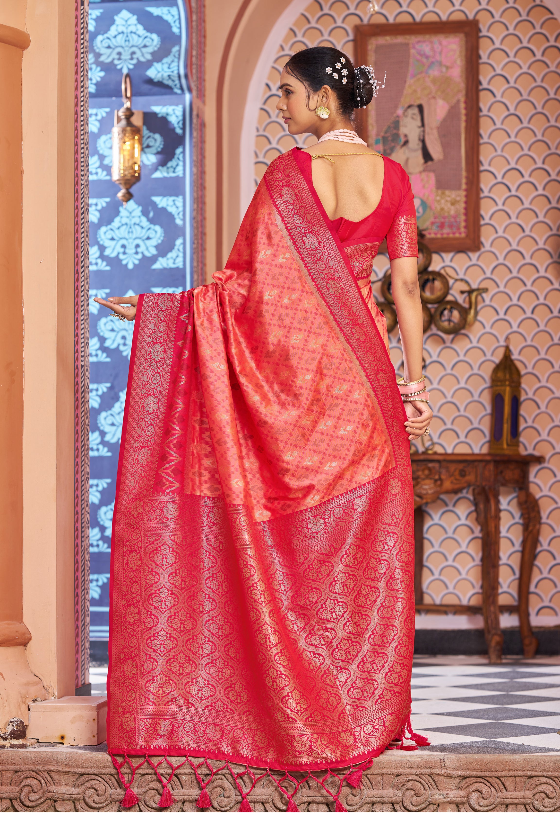 Fiery Orange Red Soft Silk Saree