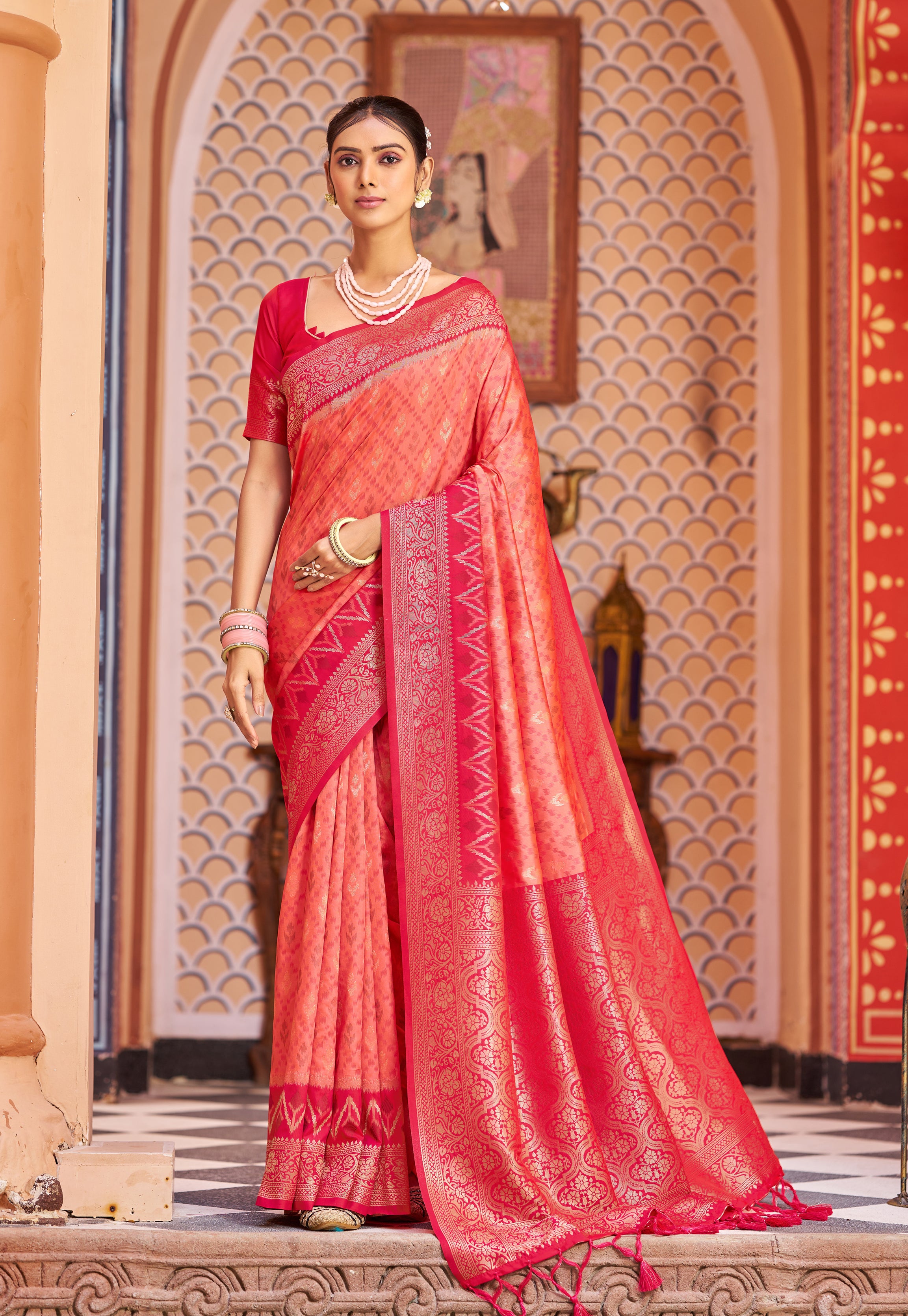 Fiery Orange Red Soft Silk Saree