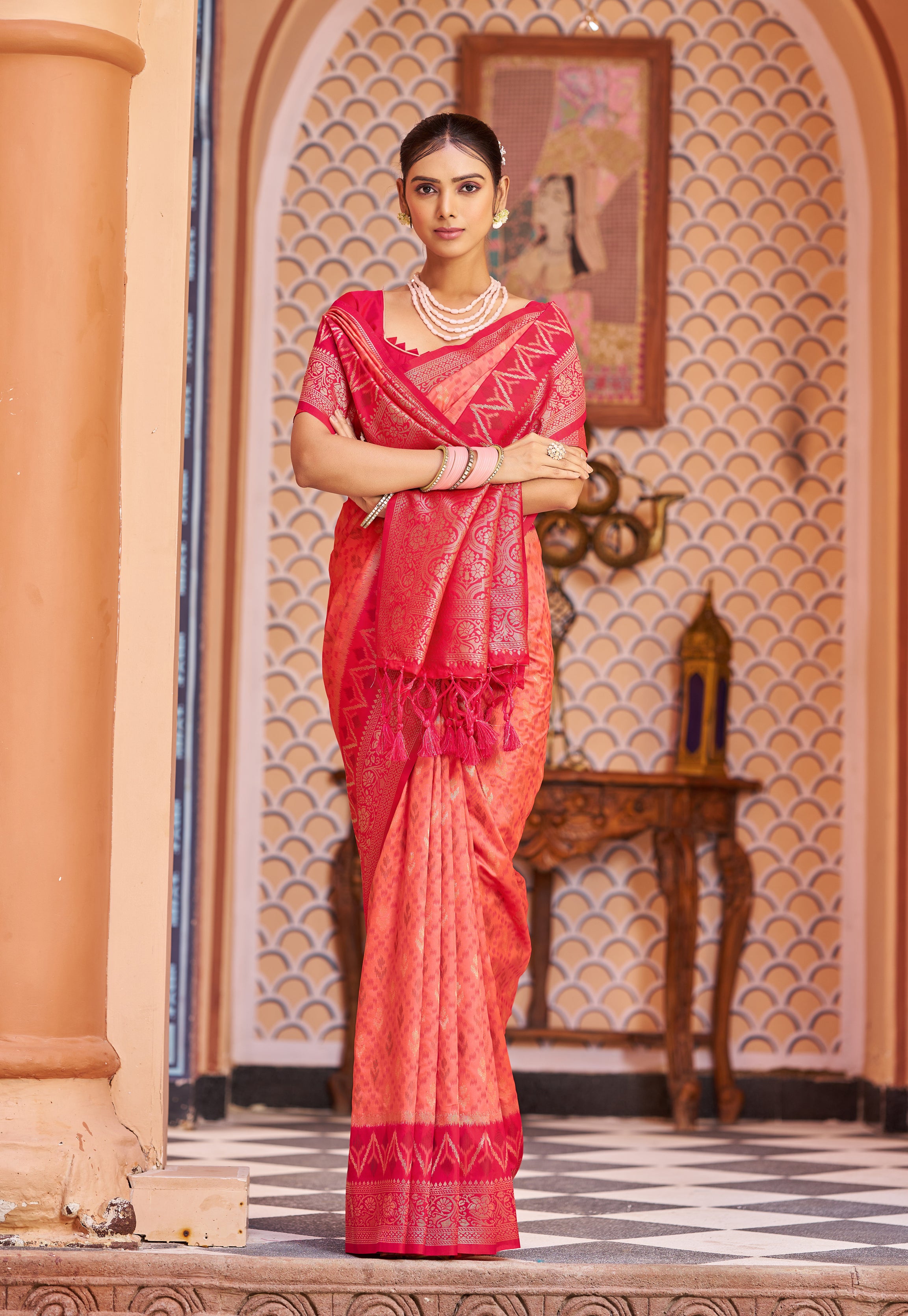 Fiery Orange Red Soft Silk Saree