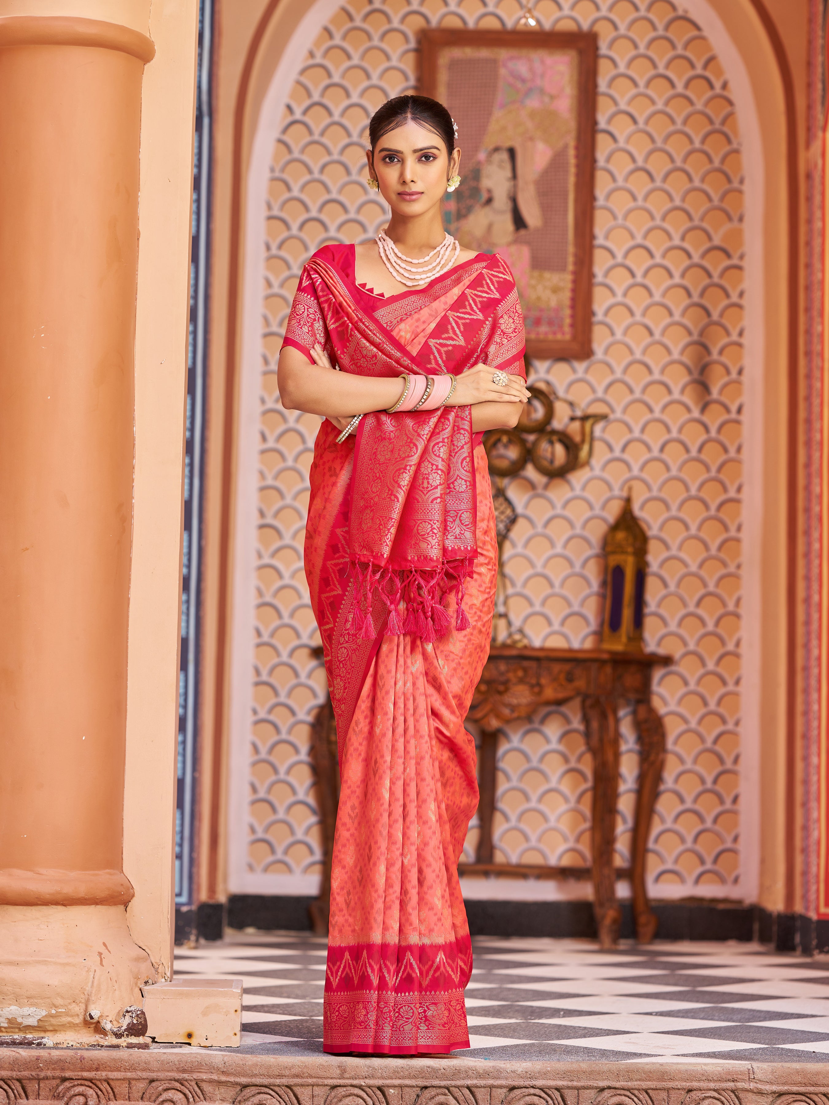 Fiery Orange Red Soft Silk Saree
