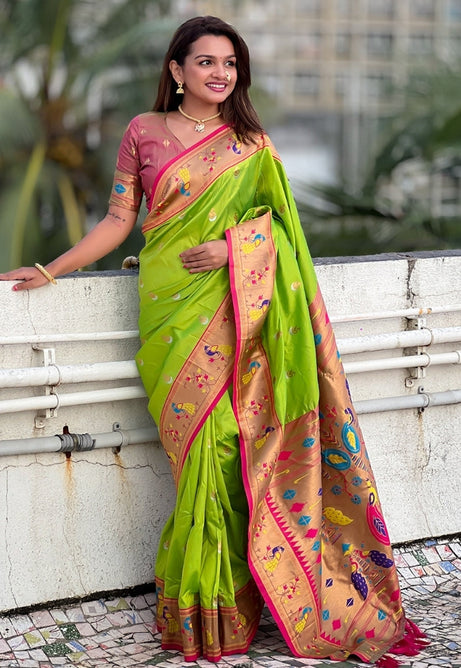 Lime Green and Coral Pink Soft Silk  Saree