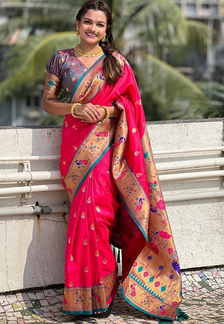 Fuchsia Pink and Gold Soft Silk  Saree