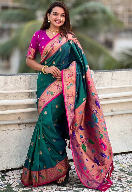 Dark Green and Pink Soft Silk  Saree