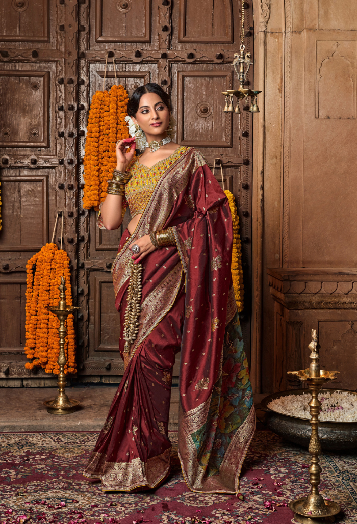 Wine Velvet Pure Silk Weaving saree