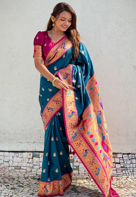 Teal Blue and Coral Pink Soft Silk Saree