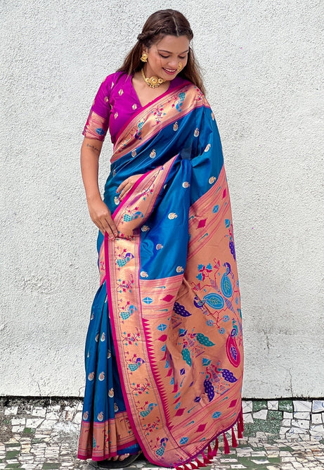 Royal Blue and Pink Soft Silk Saree