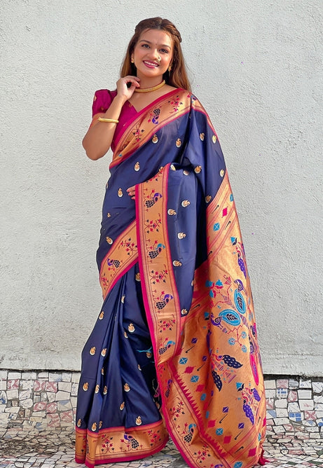 Navy Blue and Pink Soft Silk Saree